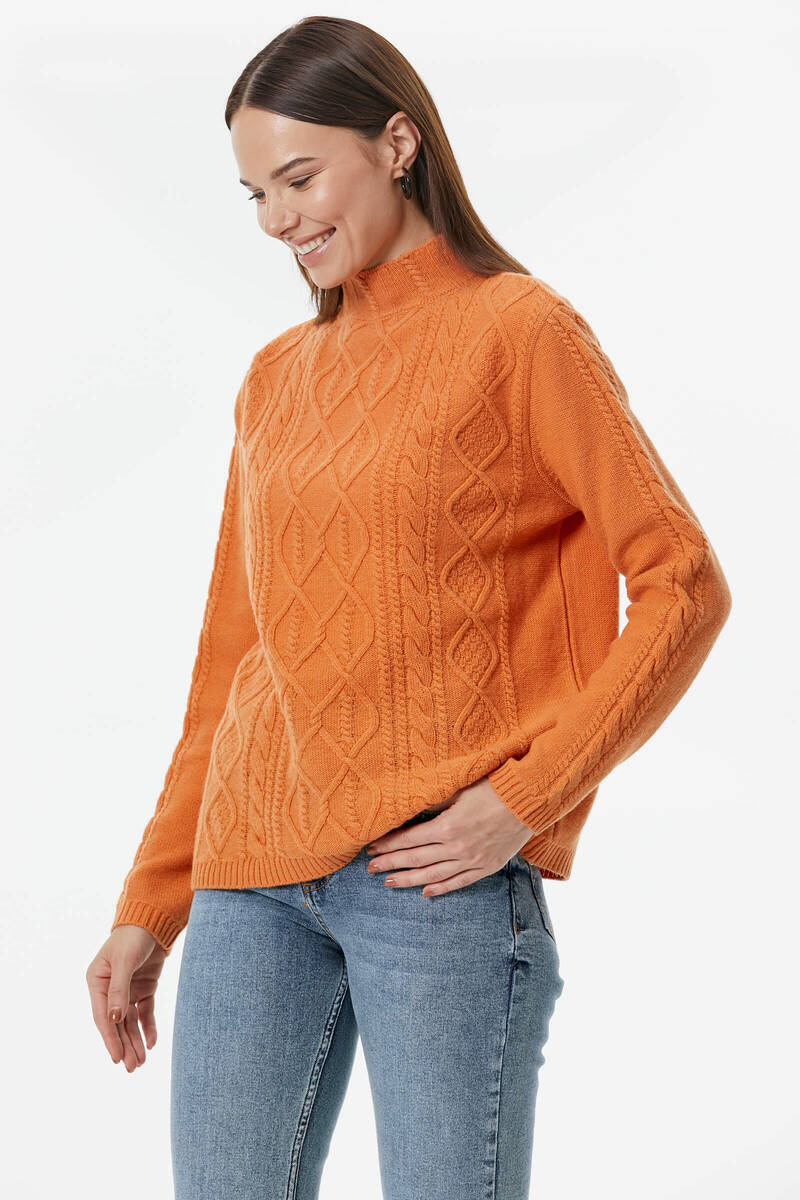 Yarım Balıkçı Saç Örgülü Triko Kazak - Taba (4) Sementa