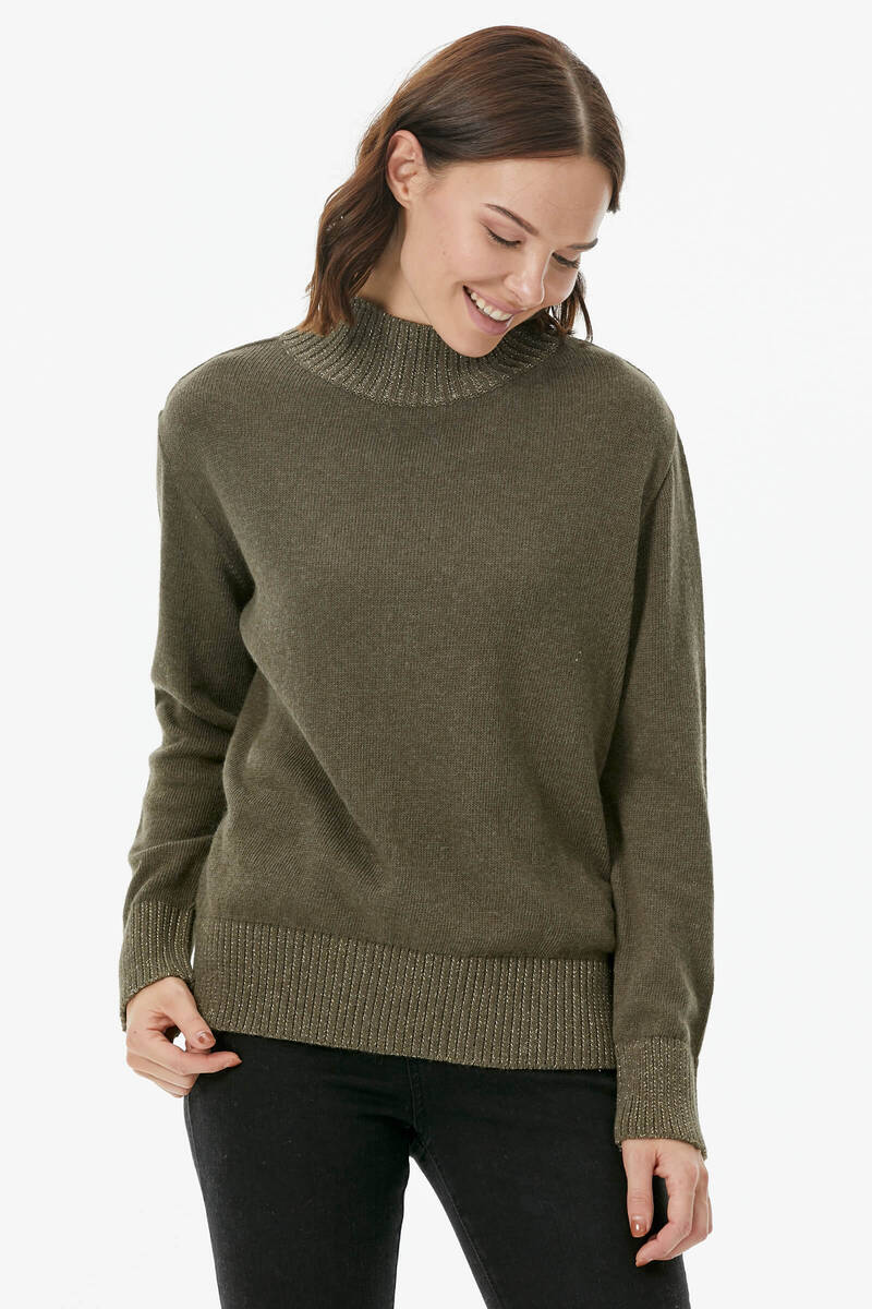 Yarım Balıkçı Sim Detaylı Triko Kazak - Haki (3) Sementa