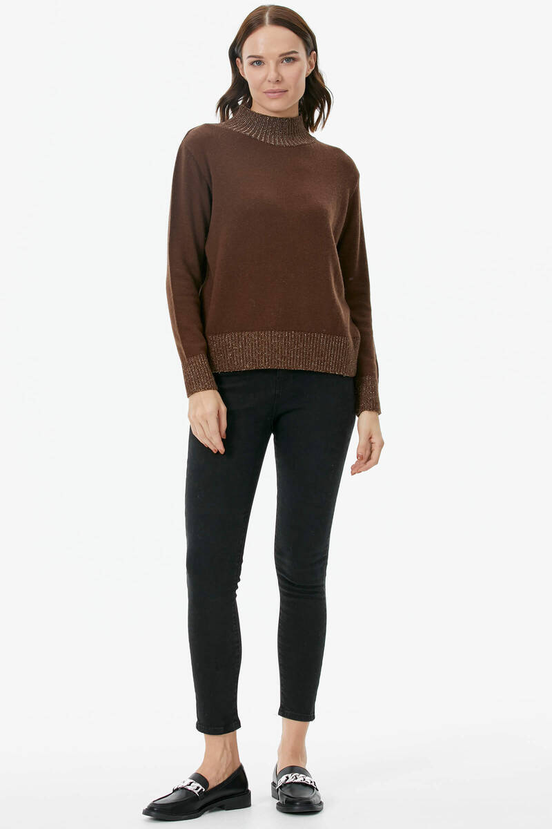 Yarım Balıkçı Sim Detaylı Triko Kazak - Kahve (3) Sementa
