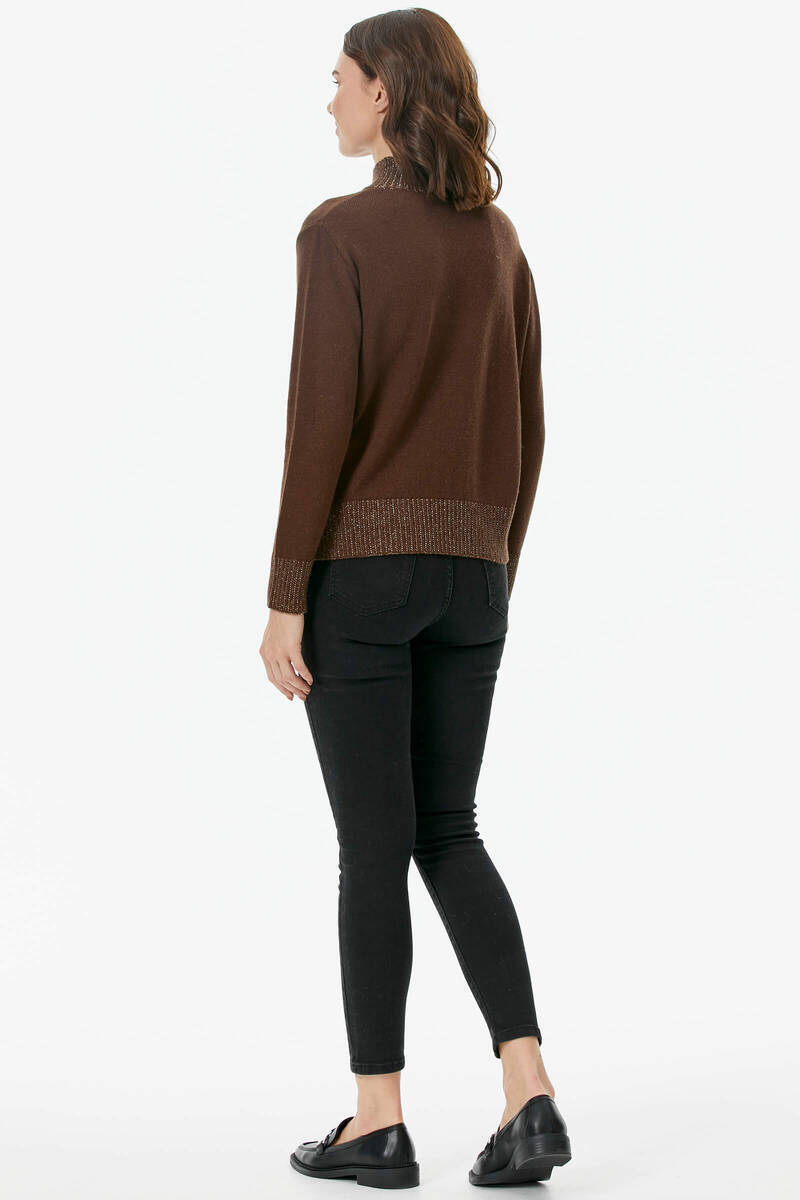 Yarım Balıkçı Sim Detaylı Triko Kazak - Kahve (5) Sementa