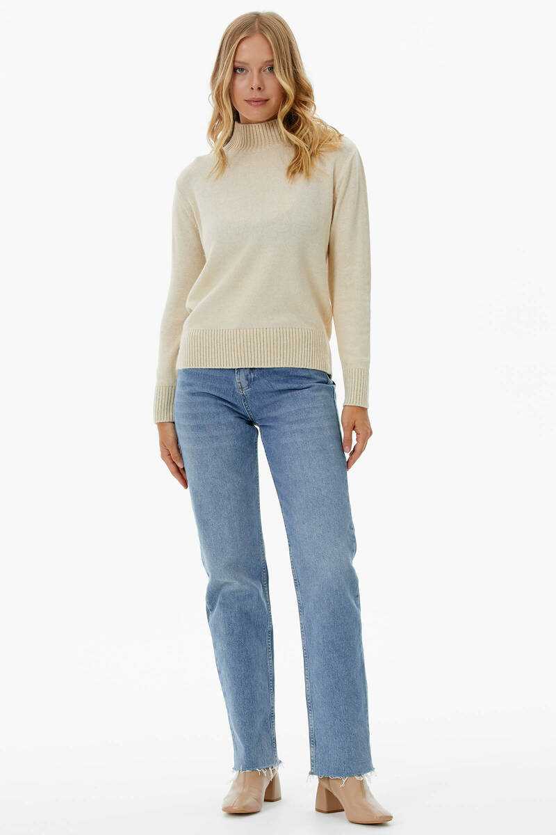 Yarım Balıkçı Sim Detaylı Triko Kazak - Kemik (3) Sementa