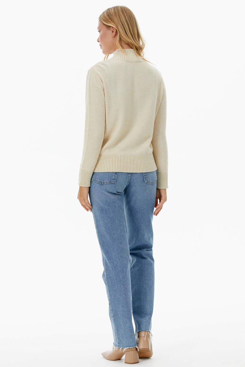 Yarım Balıkçı Sim Detaylı Triko Kazak - Kemik (5) Sementa