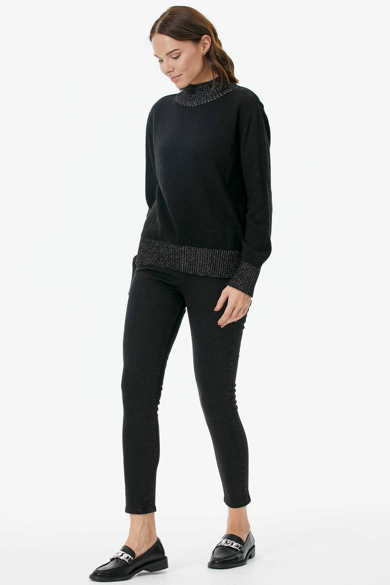 Yarım Balıkçı Sim Detaylı Triko Kazak - Siyah (4) Sementa