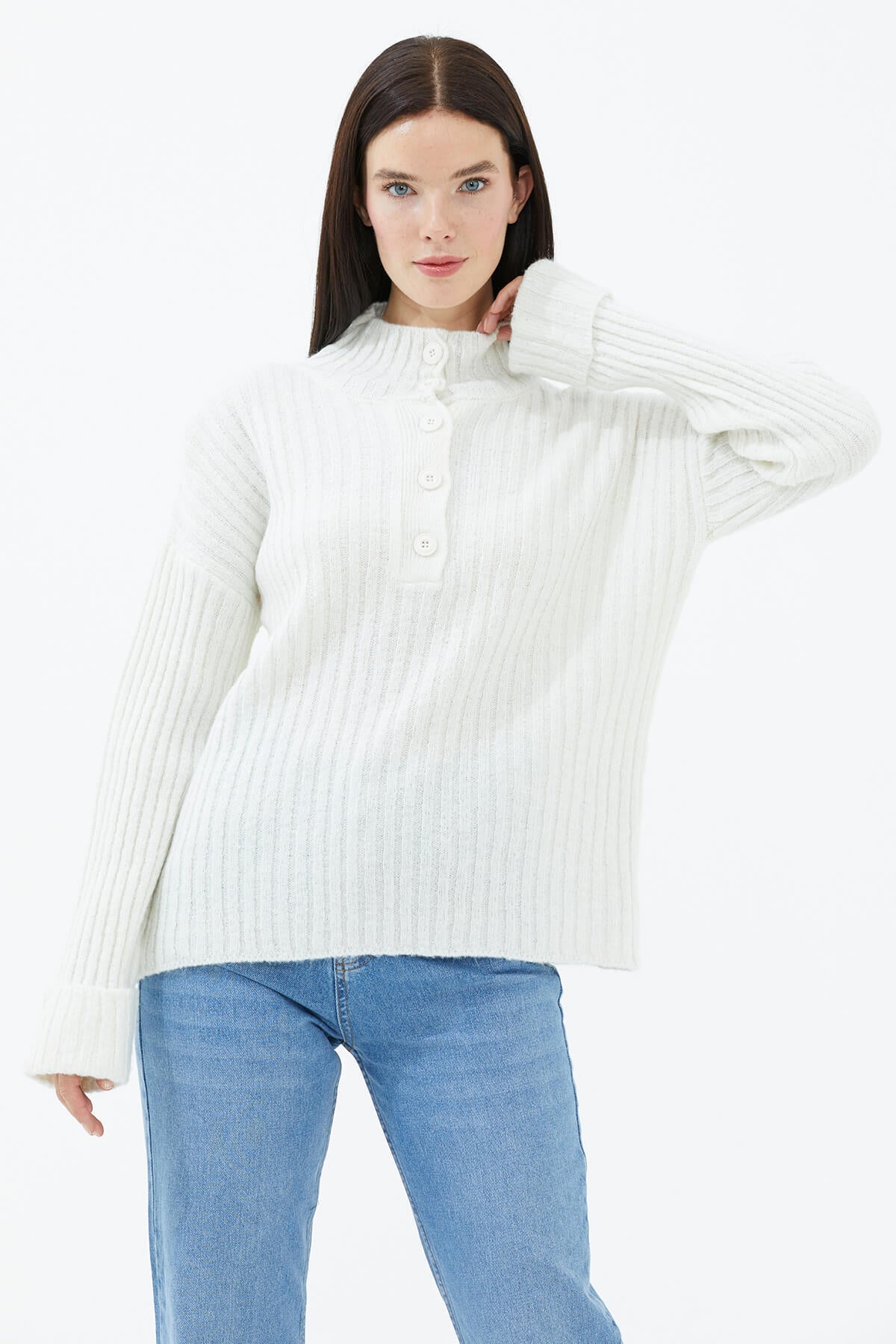 Yarım Balıkçı Yaka Düğmeli Kazak - Kemik (3) Sementa