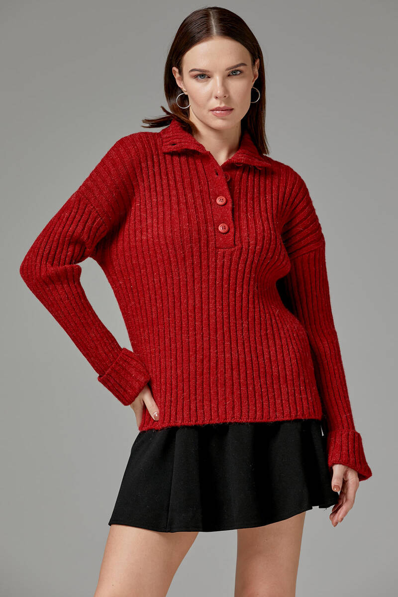 Yarım Balıkçı Yaka Düğmeli Kazak - Kırmızı (3) Sementa