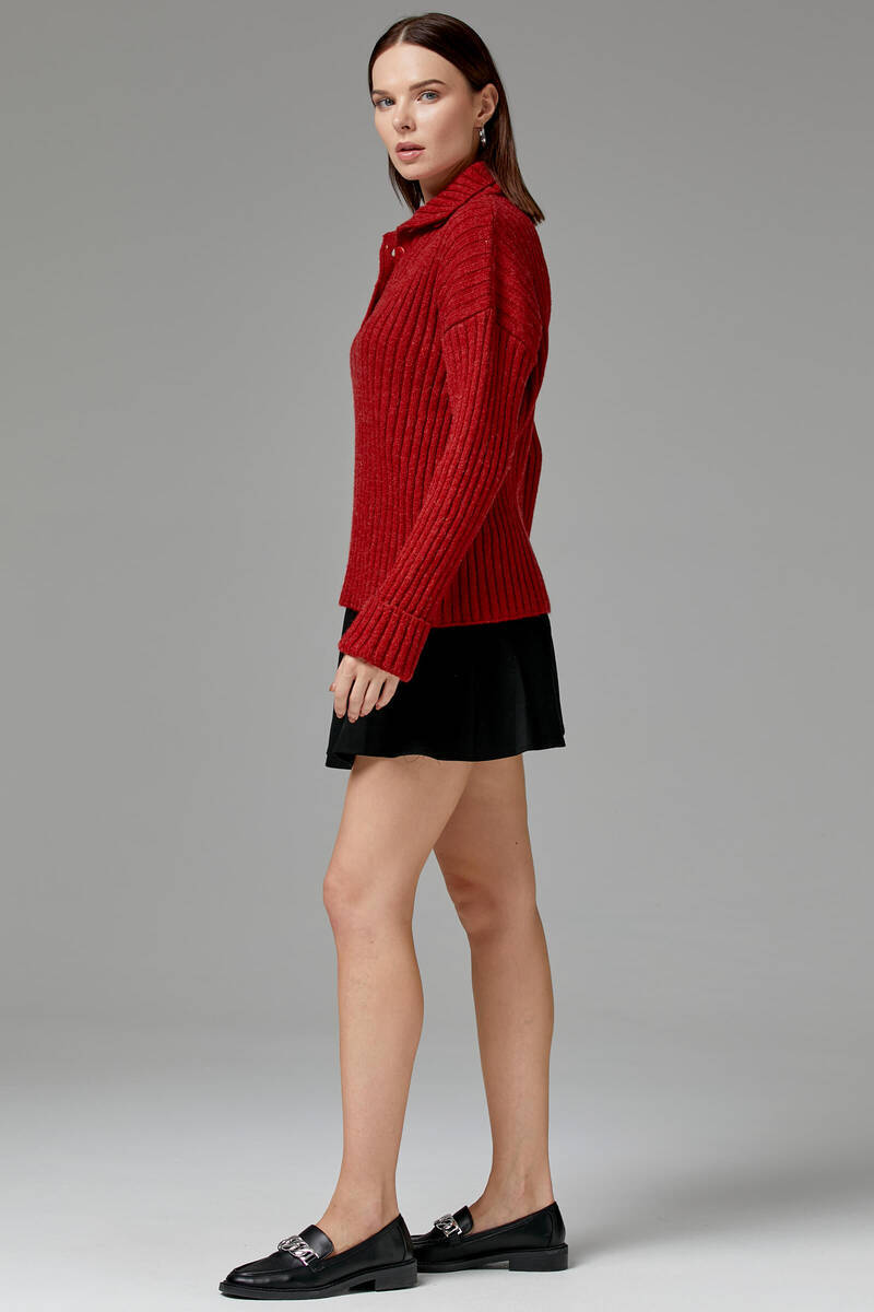 Yarım Balıkçı Yaka Düğmeli Kazak - Kırmızı (4) Sementa