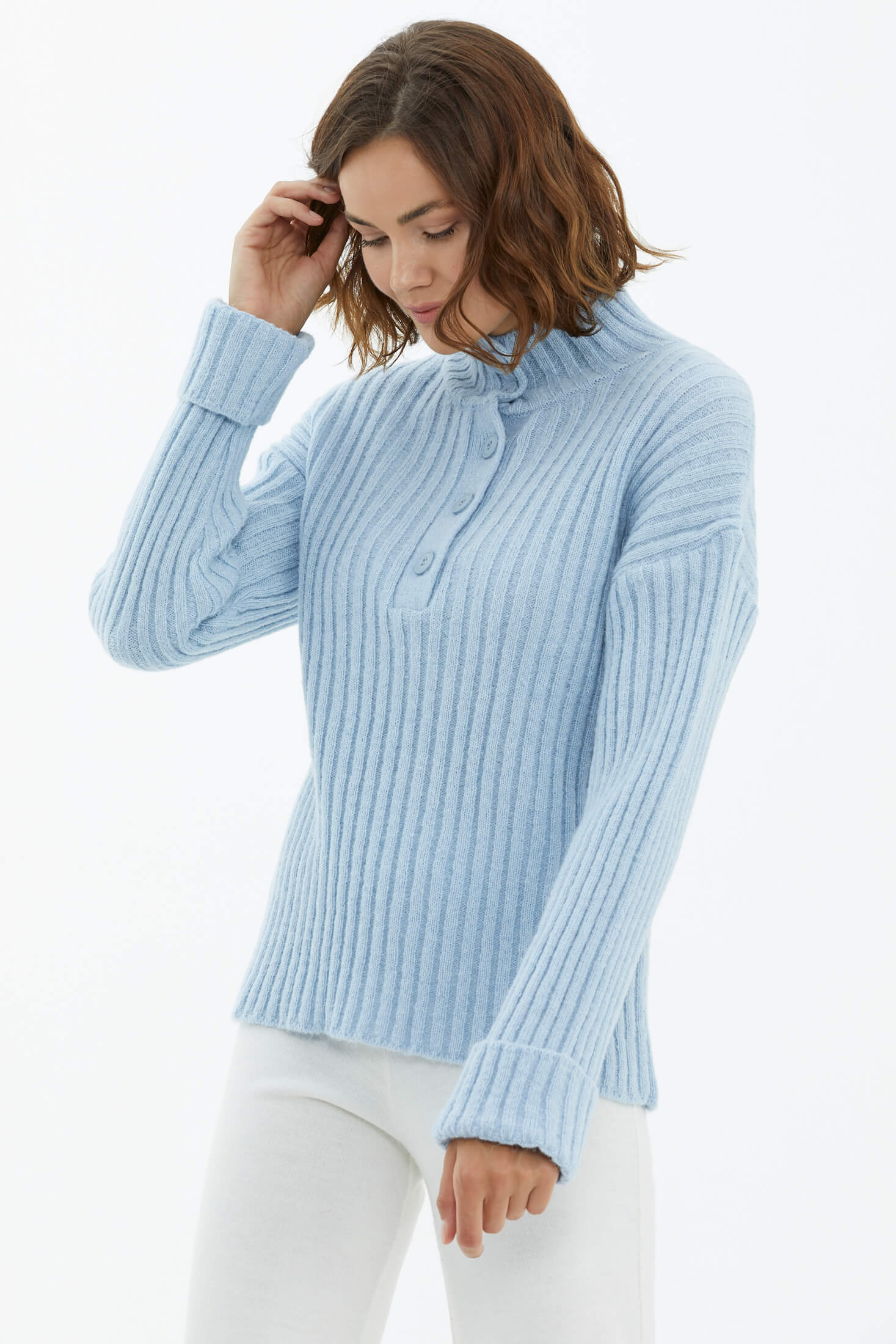 Yarım Balıkçı Yaka Düğmeli Kazak - Mavi (3) Sementa