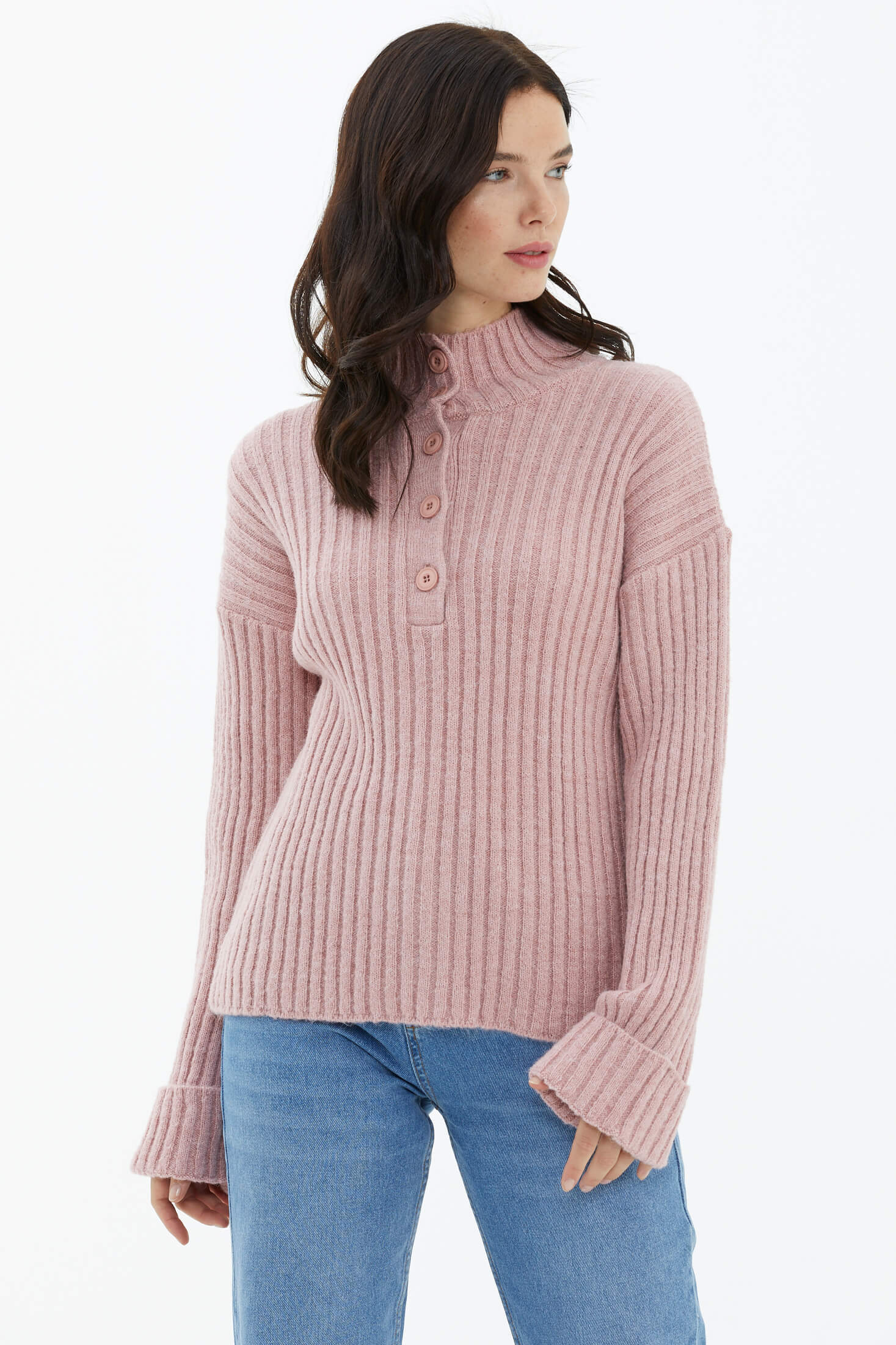 Yarım Balıkçı Yaka Düğmeli Kazak - Pembe (3) Sementa