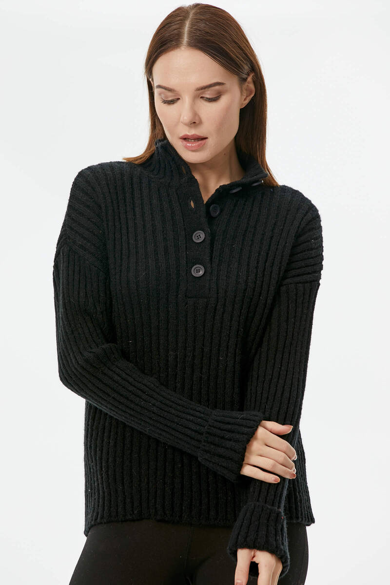 Yarım Balıkçı Yaka Düğmeli Kazak - Siyah (3) Sementa