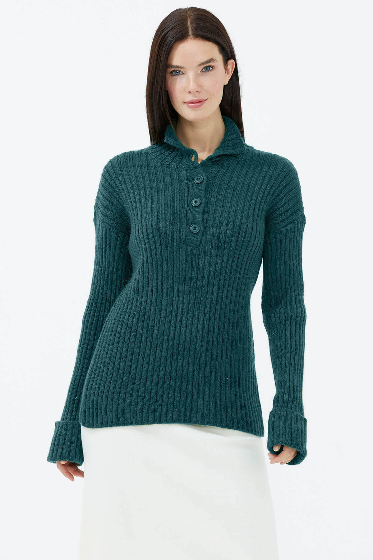 Yarım Balıkçı Yaka Düğmeli Kazak - Su Yeşili (3) Sementa