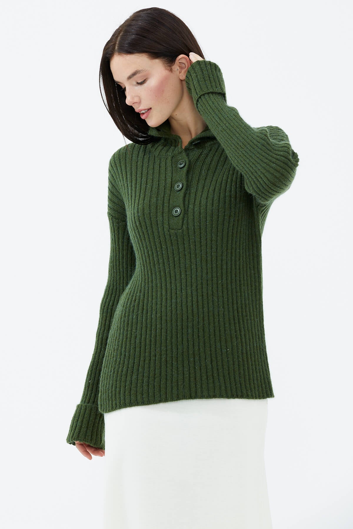 Yarım Balıkçı Yaka Düğmeli Kazak - Yeşil (3) Sementa