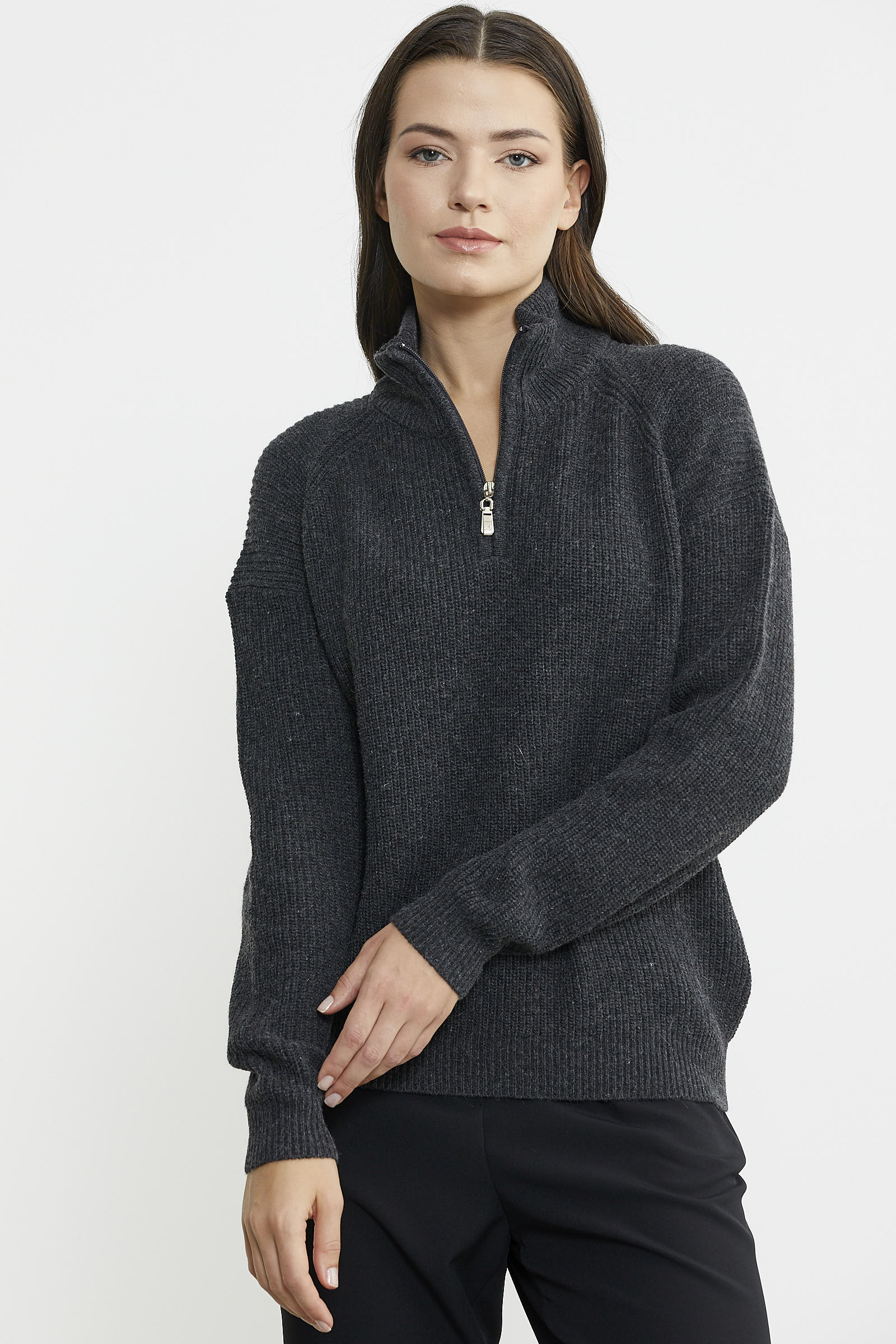 Yarım Balıkçı Yaka Fermuarlı Yün Triko Kazak - Antrasit - Sementa