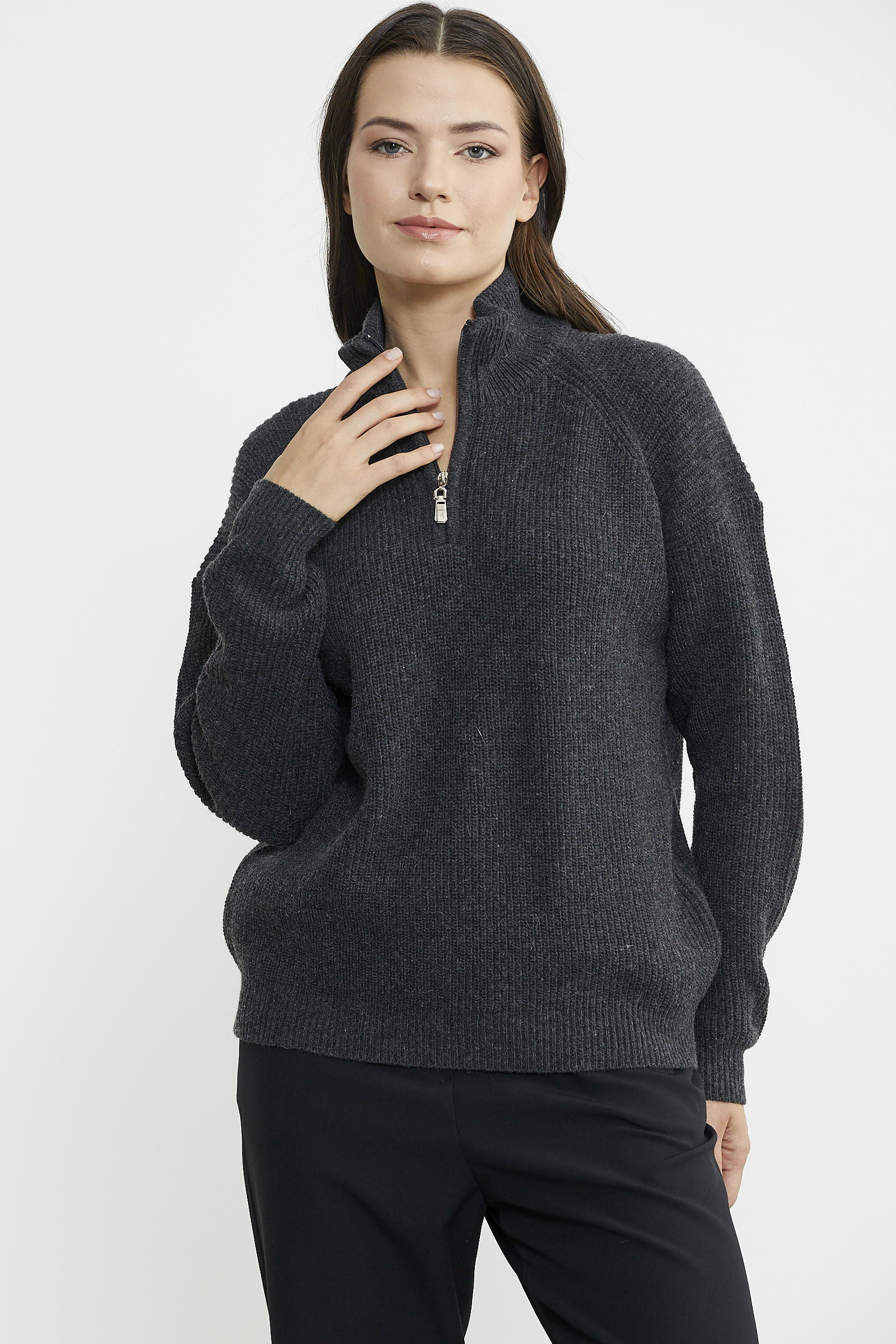 Yarım Balıkçı Yaka Fermuarlı Yün Triko Kazak - Antrasit - Sementa