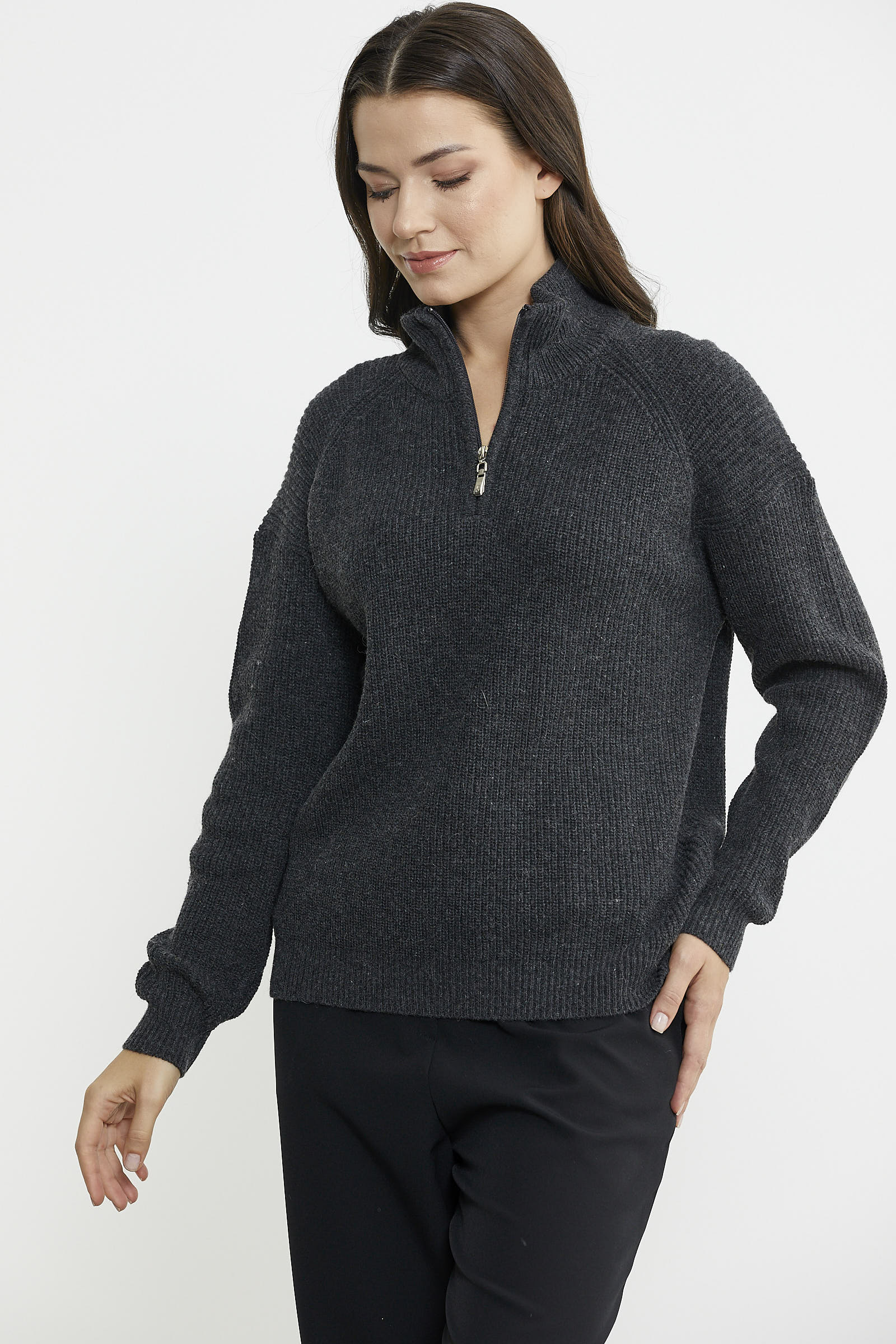 Yarım Balıkçı Yaka Fermuarlı Yün Triko Kazak - Antrasit - Sementa