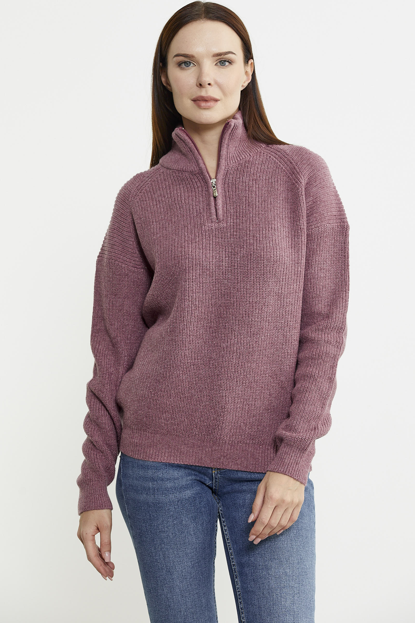Yarım Balıkçı Yaka Fermuarlı Yün Triko Kazak - Gül - Sementa