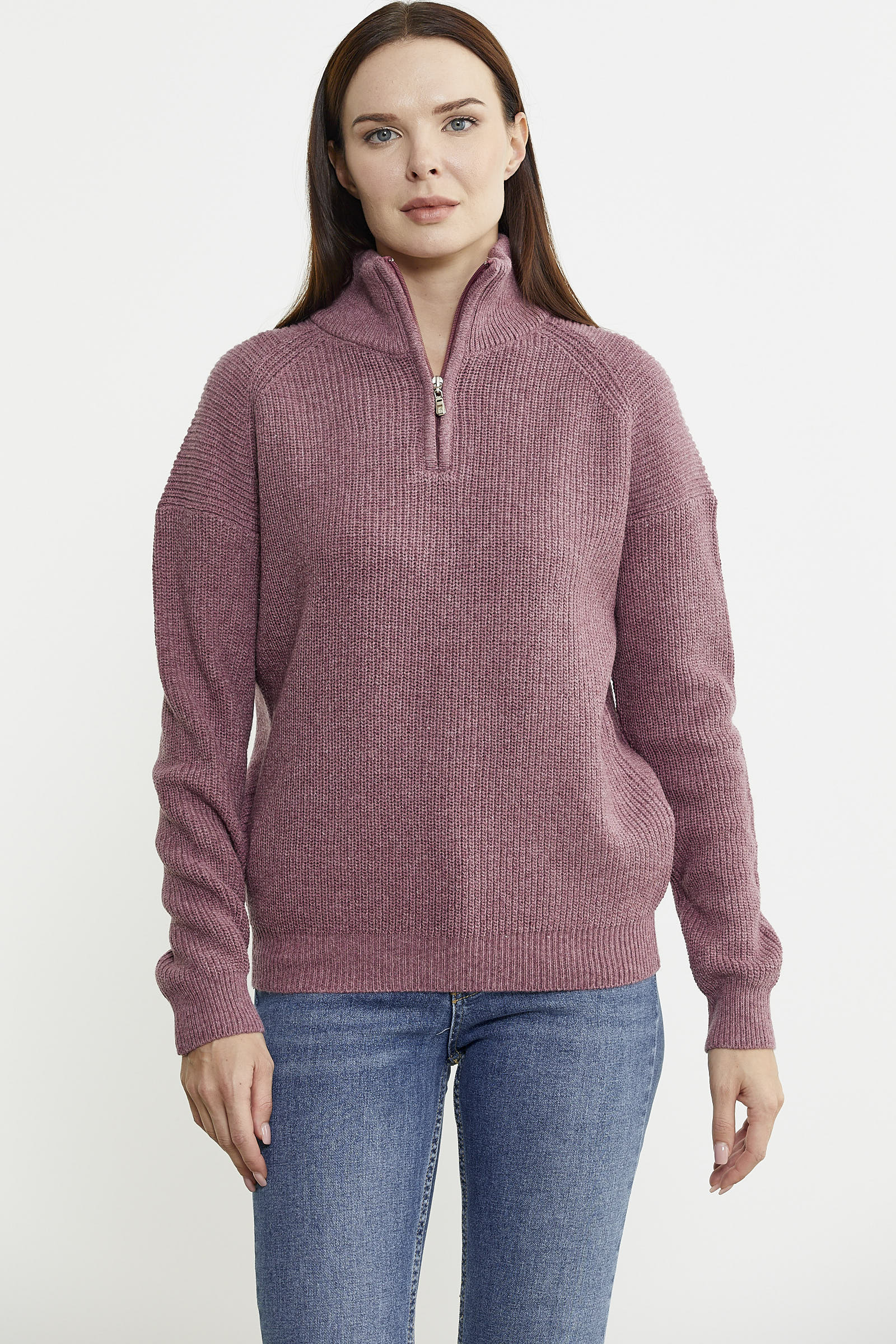 Yarım Balıkçı Yaka Fermuarlı Yün Triko Kazak - Gül - Sementa