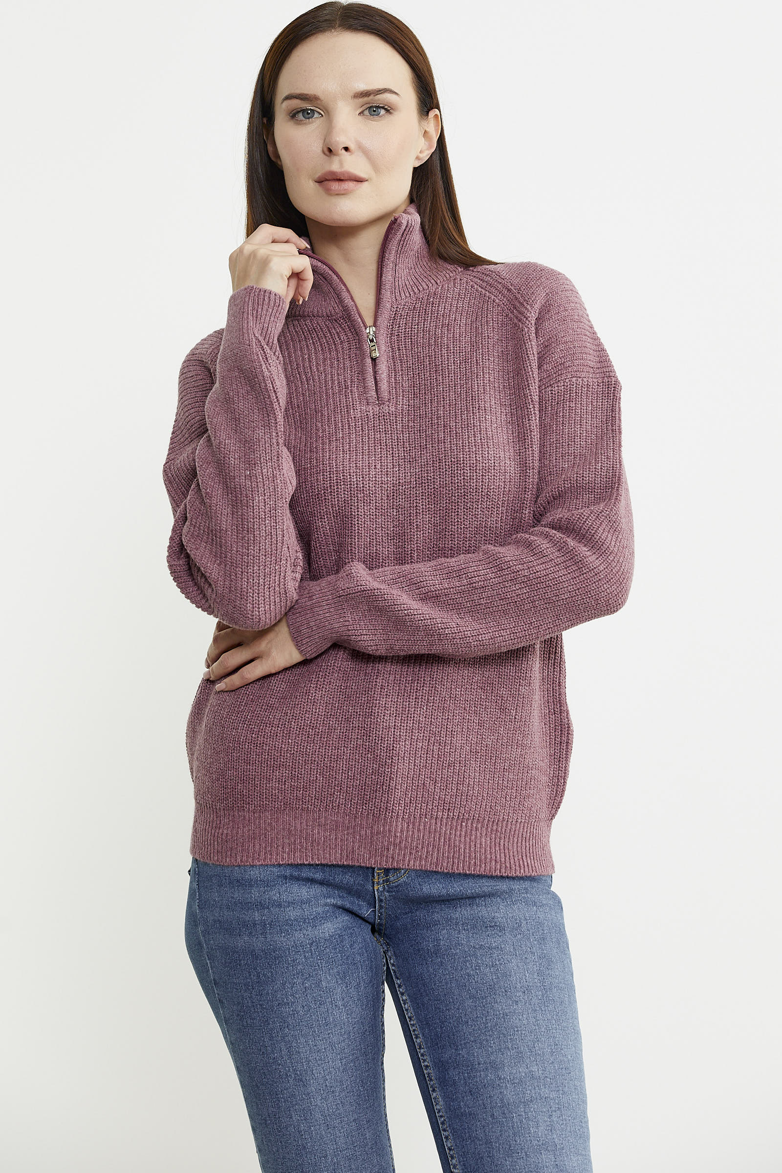 Yarım Balıkçı Yaka Fermuarlı Yün Triko Kazak - Gül - Sementa