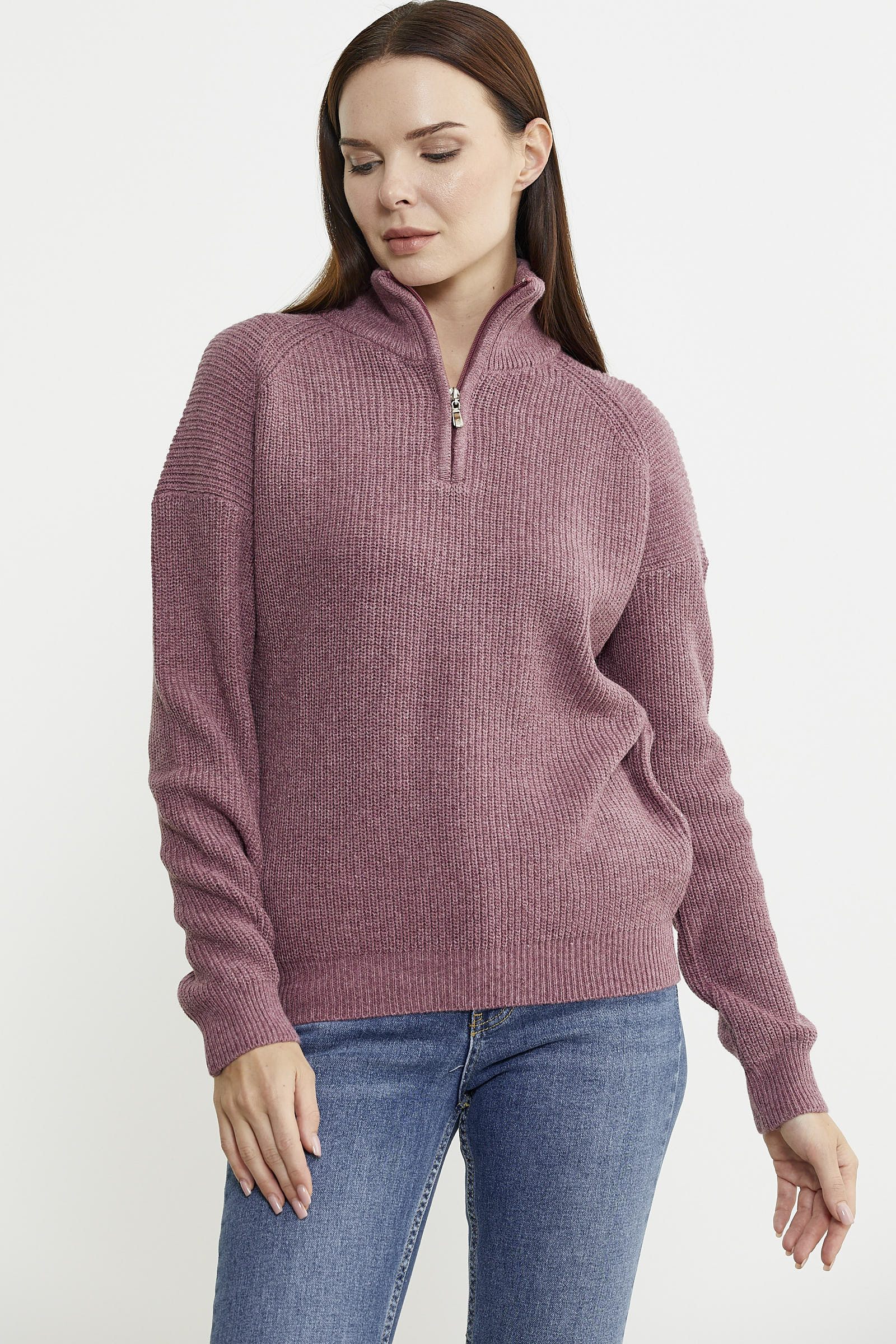 Yarım Balıkçı Yaka Fermuarlı Yün Triko Kazak - Gül - Sementa