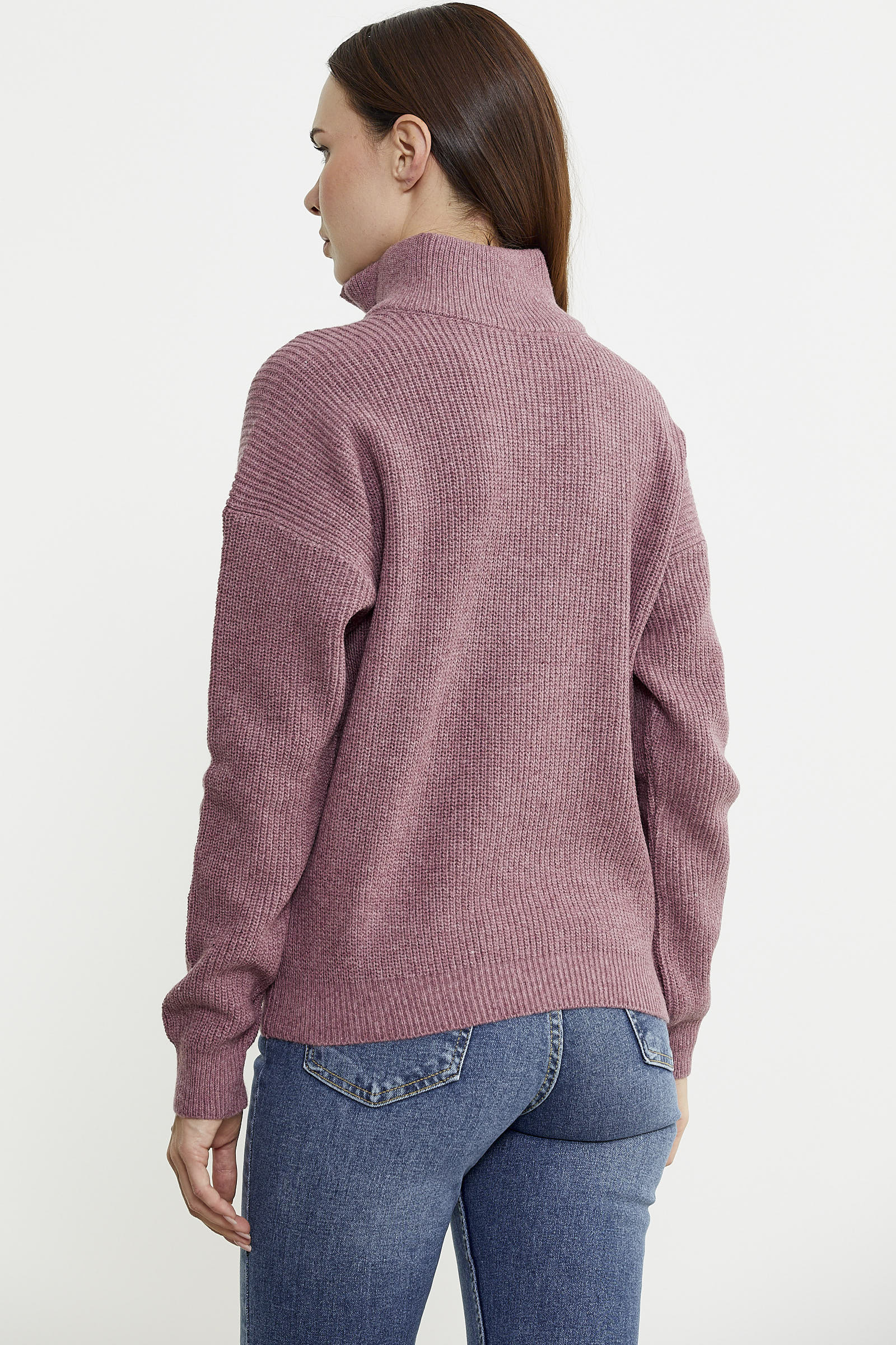 Yarım Balıkçı Yaka Fermuarlı Yün Triko Kazak - Gül - Sementa
