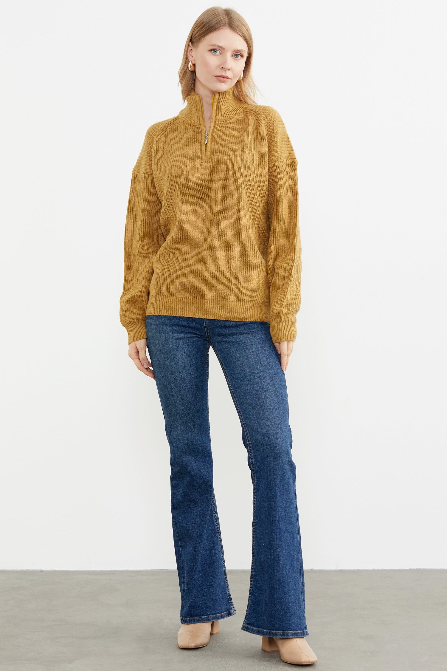 Yarım Balıkçı Yaka Fermuarlı Triko Kazak - Güneş (1) Sementa