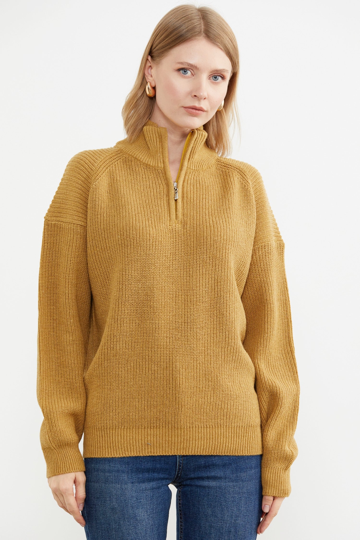 Yarım Balıkçı Yaka Fermuarlı Triko Kazak - Güneş (2) Sementa