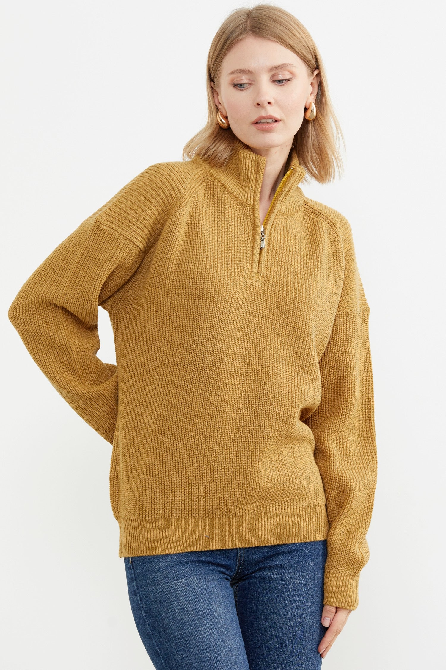 Yarım Balıkçı Yaka Fermuarlı Triko Kazak - Güneş (3) Sementa