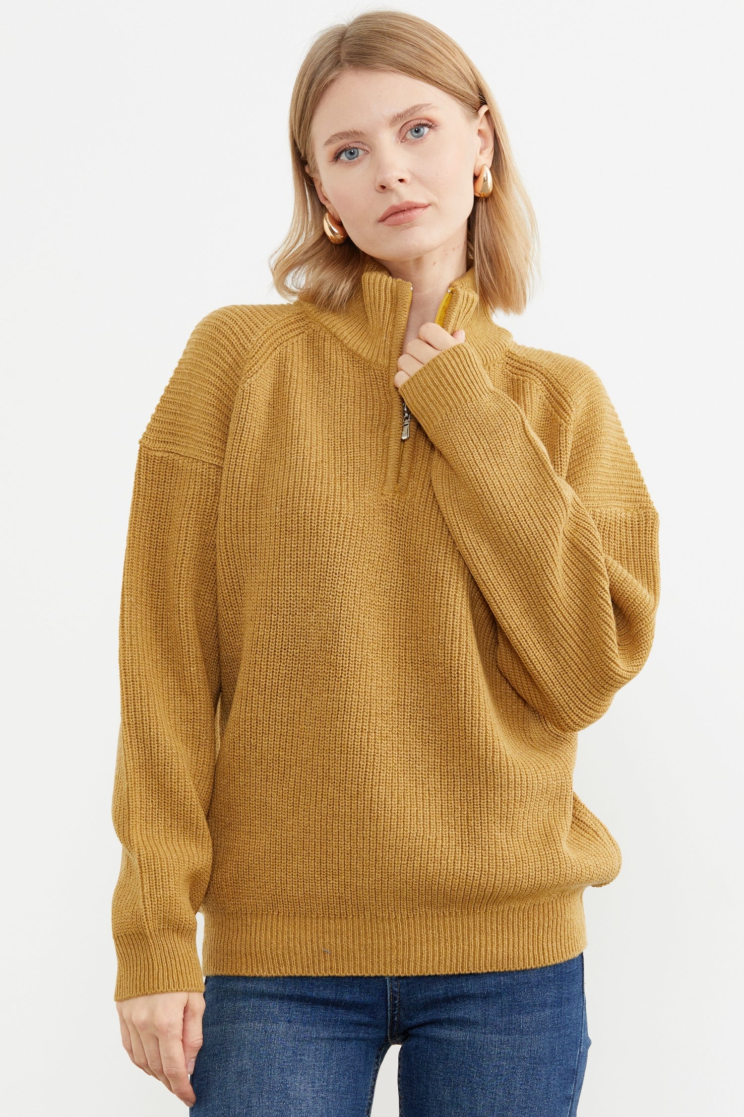 Yarım Balıkçı Yaka Fermuarlı Triko Kazak - Güneş (4) Sementa