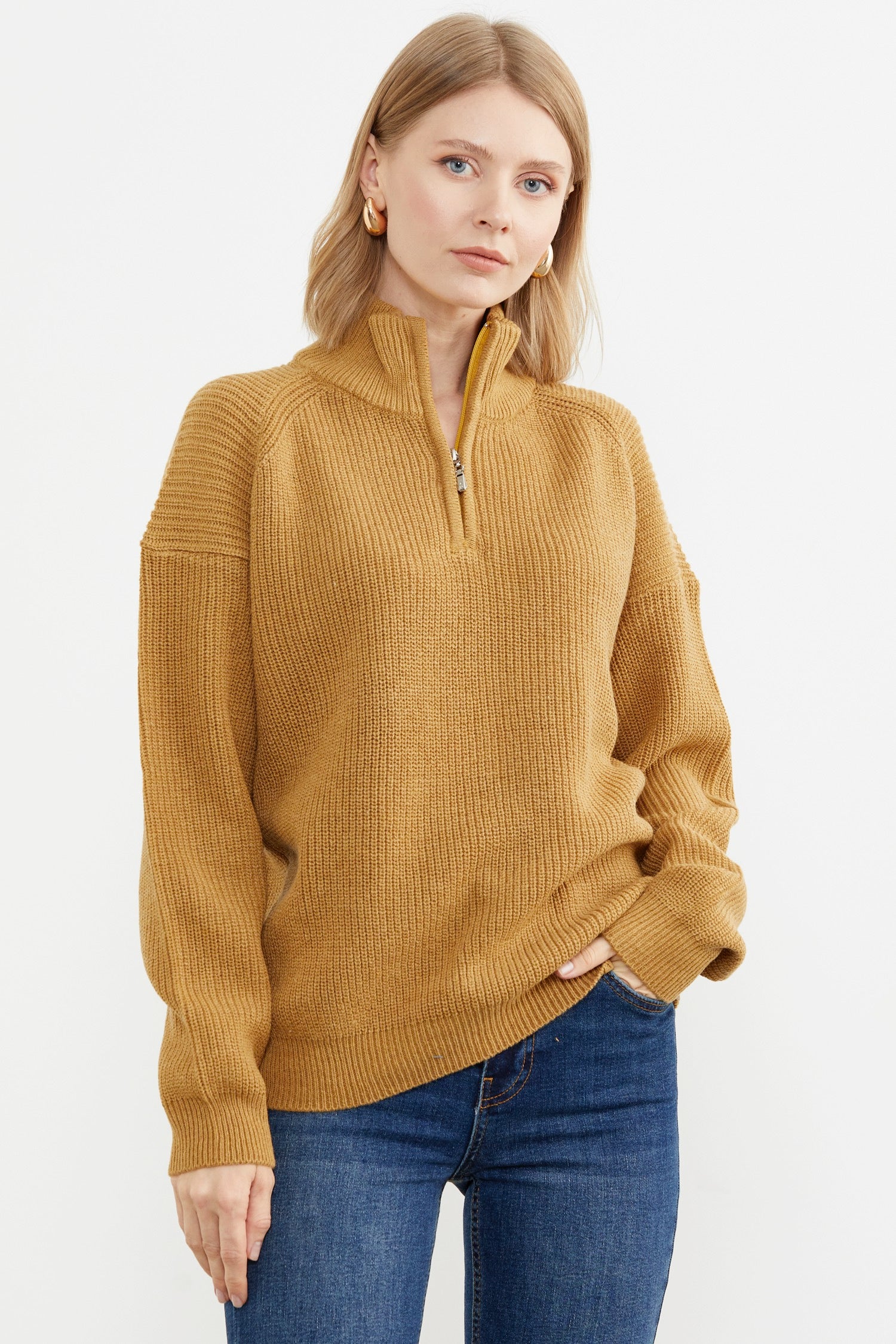 Yarım Balıkçı Yaka Fermuarlı Triko Kazak - Güneş (5) Sementa