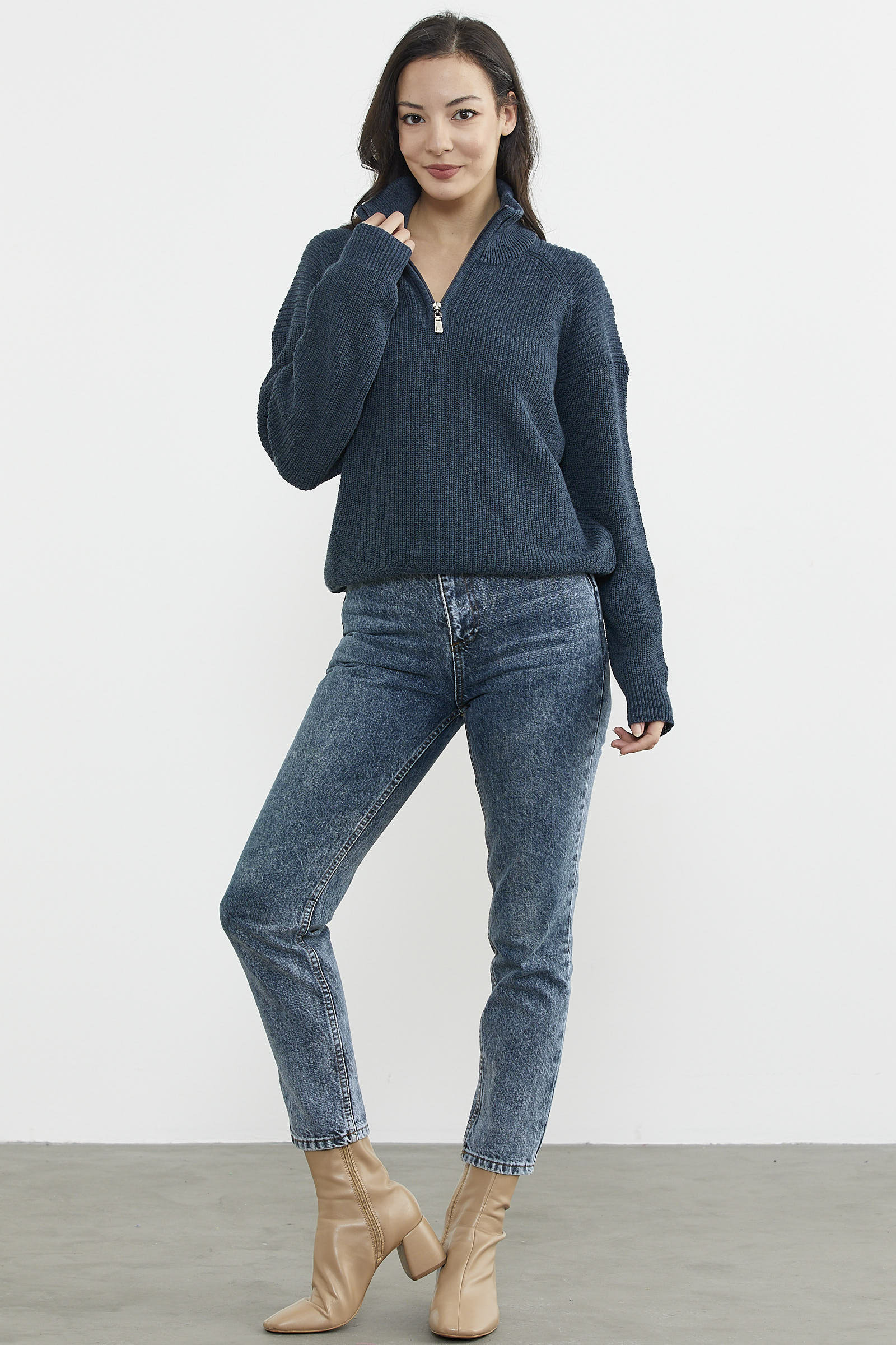 Yarım Balıkçı Yaka Fermuarlı Triko Kazak - Indigo (2) Sementa