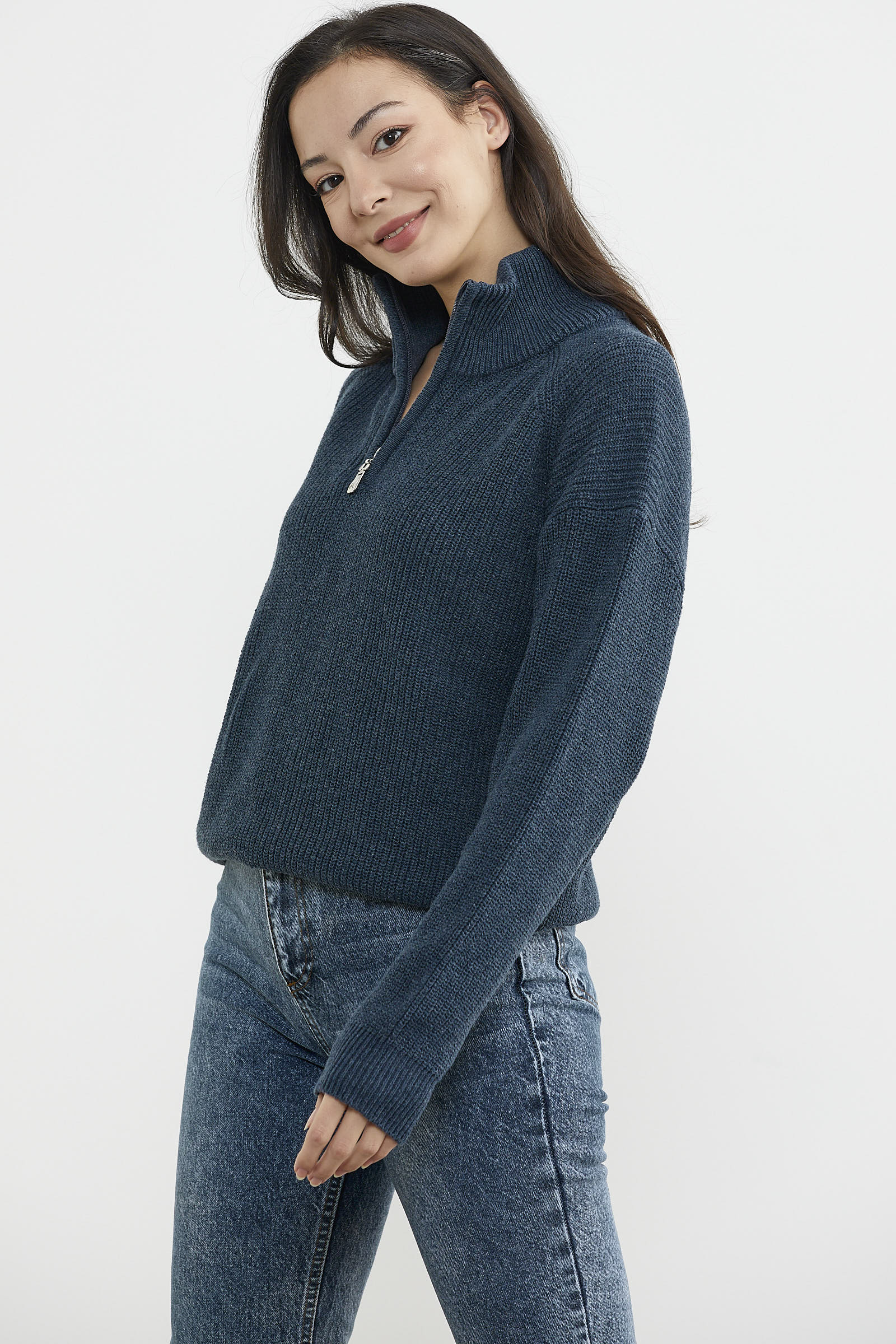 Yarım Balıkçı Yaka Fermuarlı Triko Kazak - Indigo (3) Sementa