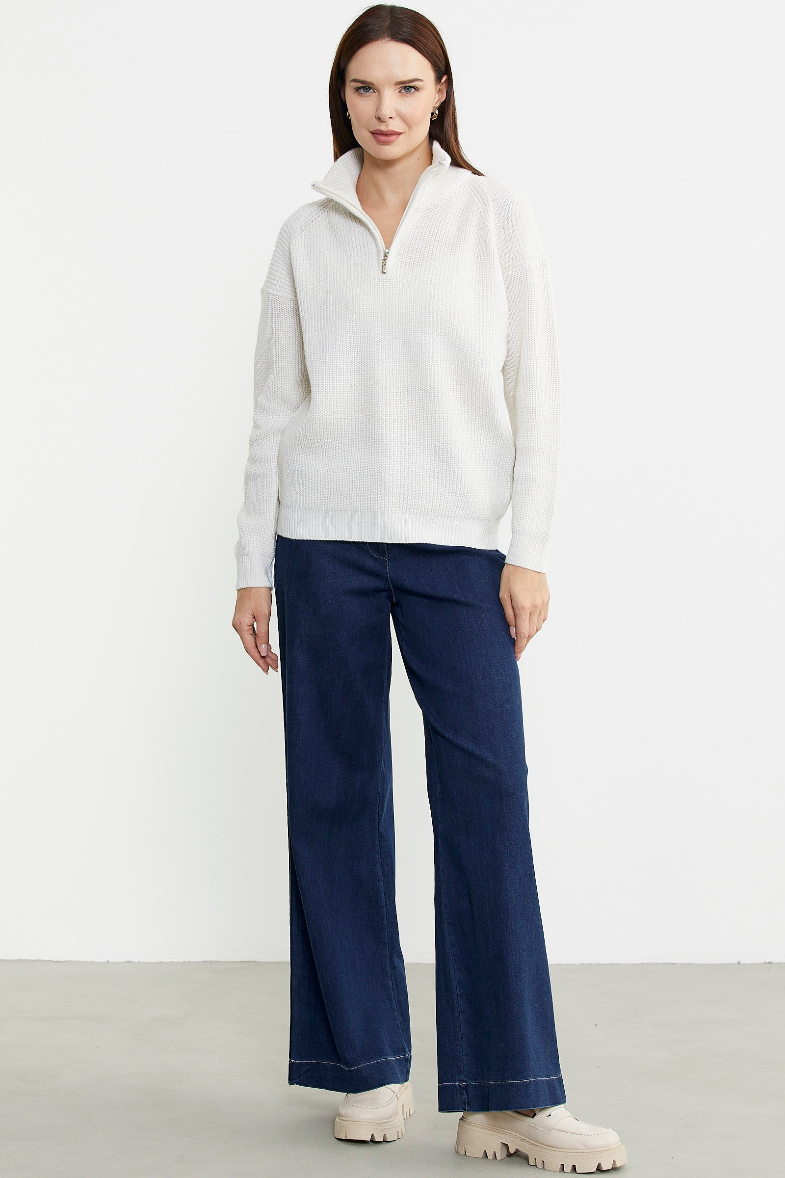 Yarım Balıkçı Yaka Fermuarlı Yün Triko Kazak - Kemik - Sementa