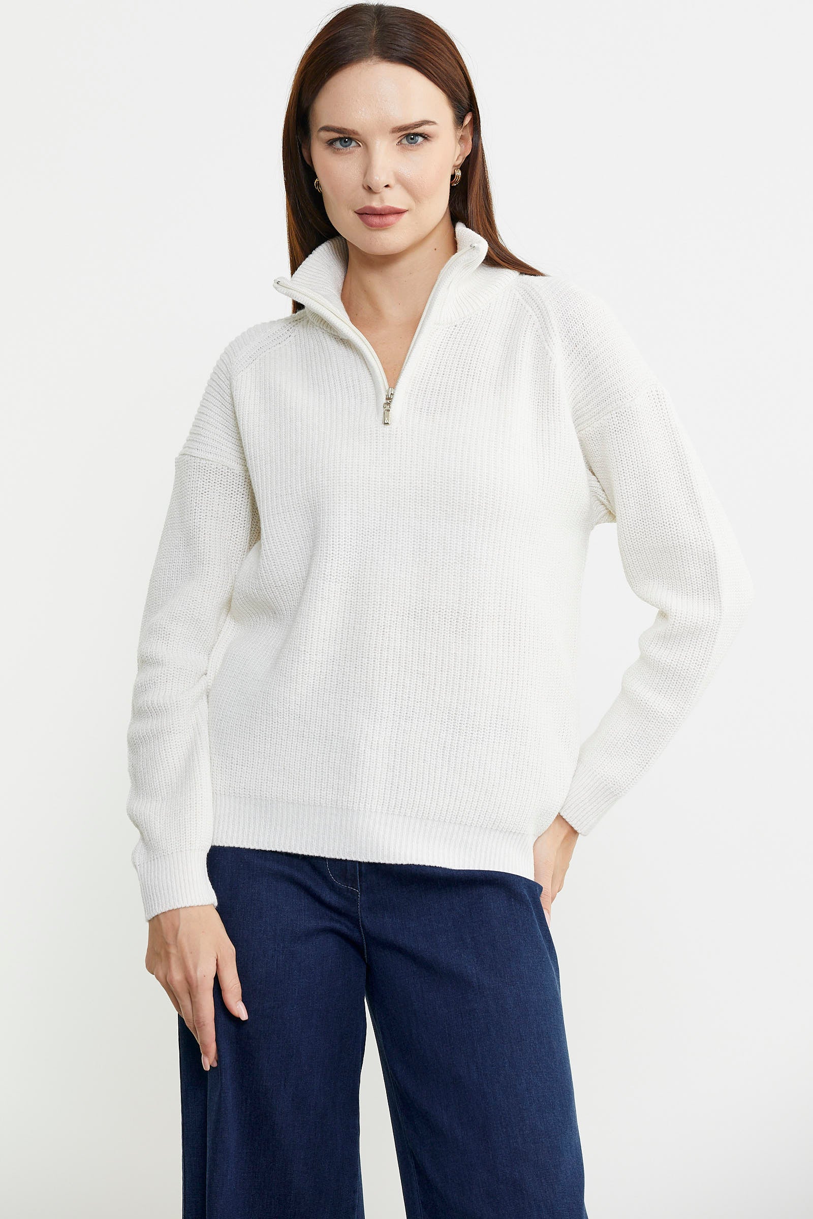 Yarım Balıkçı Yaka Fermuarlı Yün Triko Kazak - Kemik - Sementa