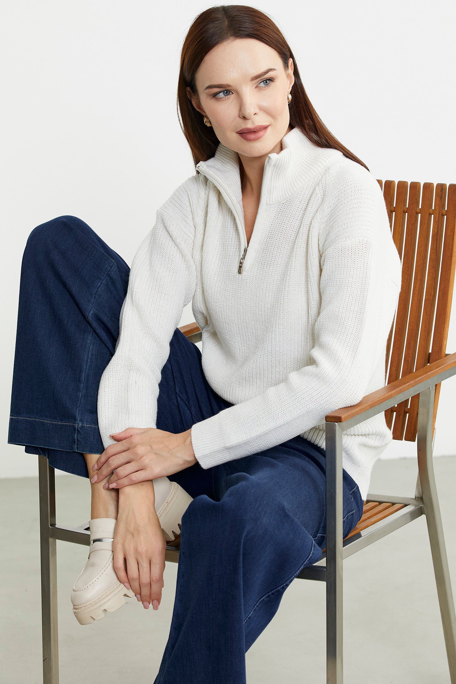 Yarım Balıkçı Yaka Fermuarlı Yün Triko Kazak - Kemik - Sementa