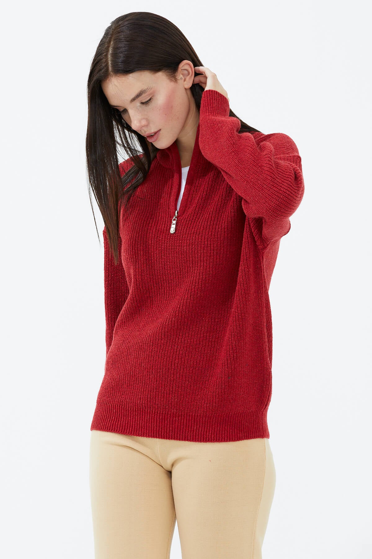 Yarım Balıkçı Yaka Fermuarlı Triko Kazak - Kırmızı (3) Sementa