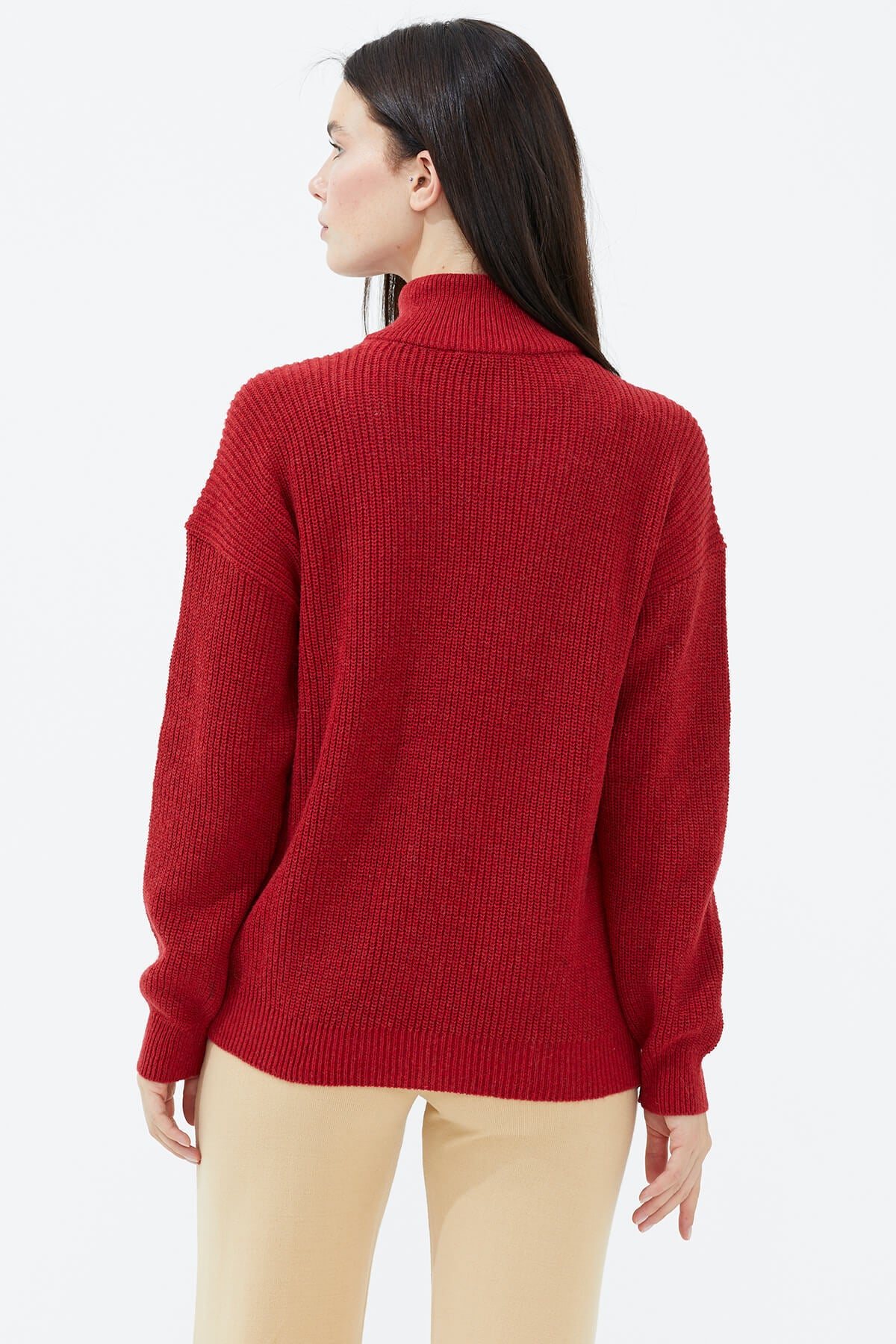 Yarım Balıkçı Yaka Fermuarlı Triko Kazak - Kırmızı (4) Sementa