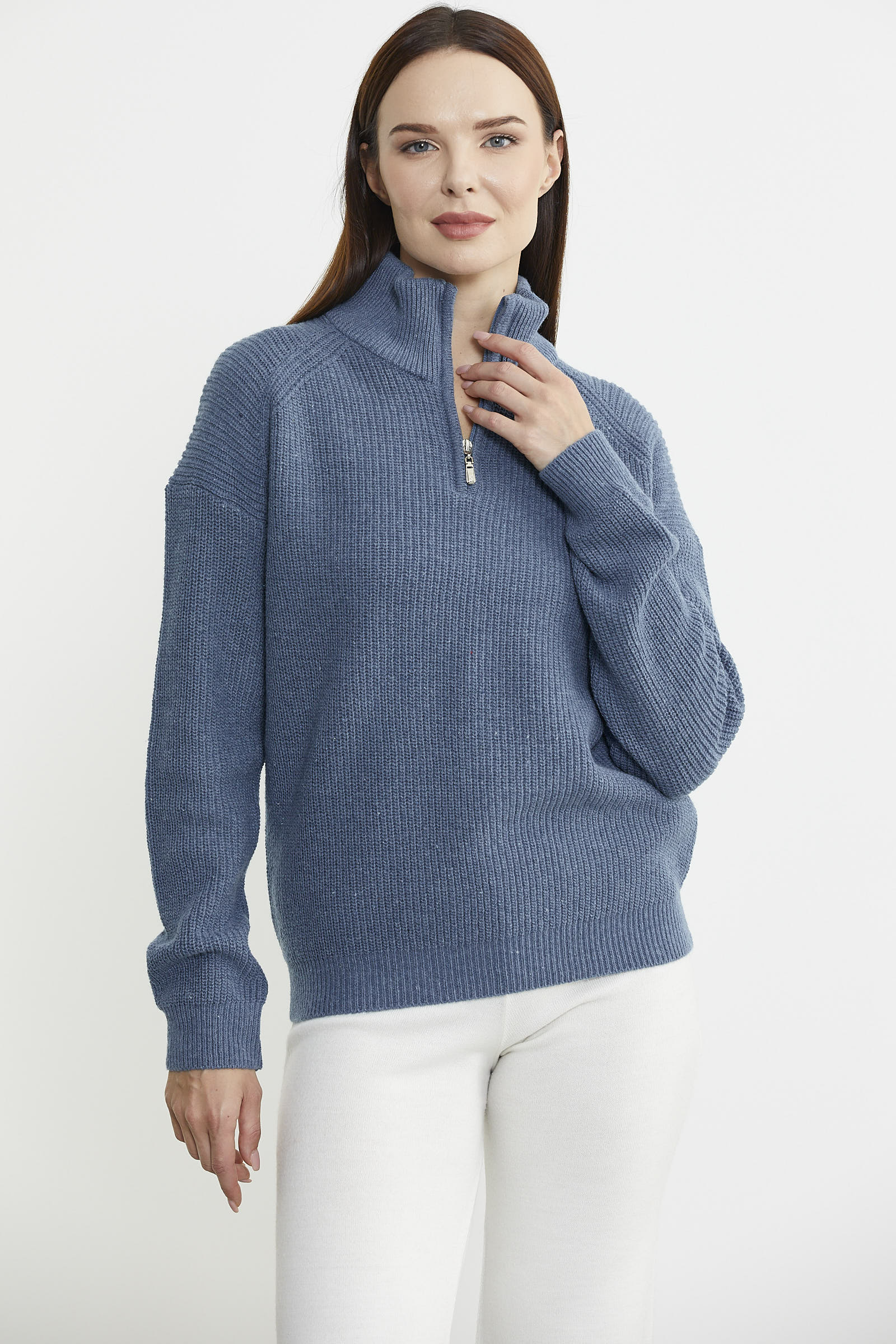 Yarım Balıkçı Yaka Fermuarlı Yün Triko Kazak - Koyu Mavi - Sementa