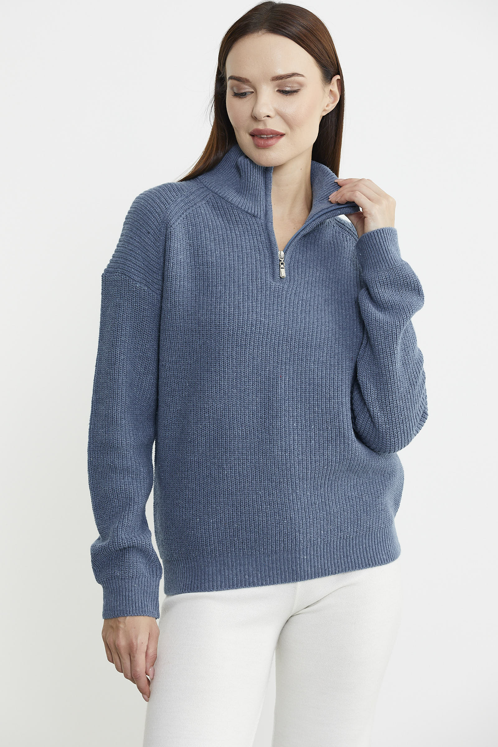 Yarım Balıkçı Yaka Fermuarlı Yün Triko Kazak - Koyu Mavi - Sementa