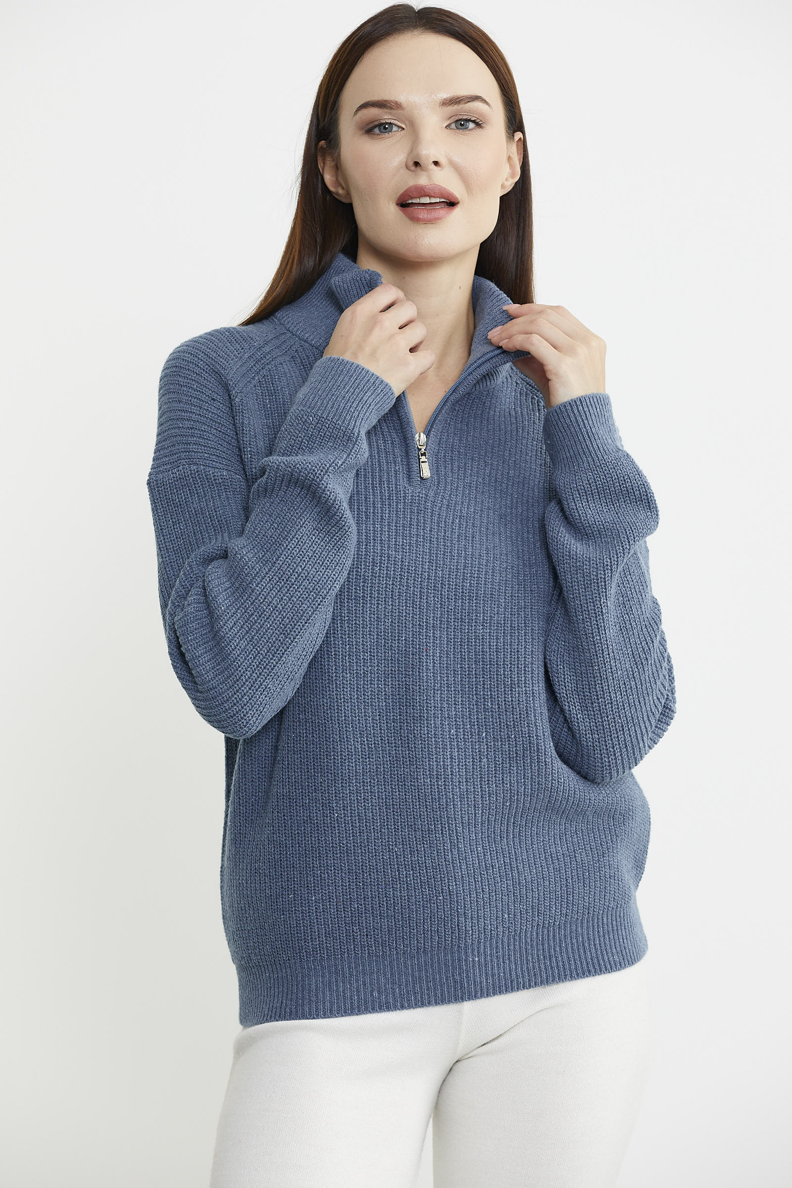 Yarım Balıkçı Yaka Fermuarlı Yün Triko Kazak - Koyu Mavi - Sementa