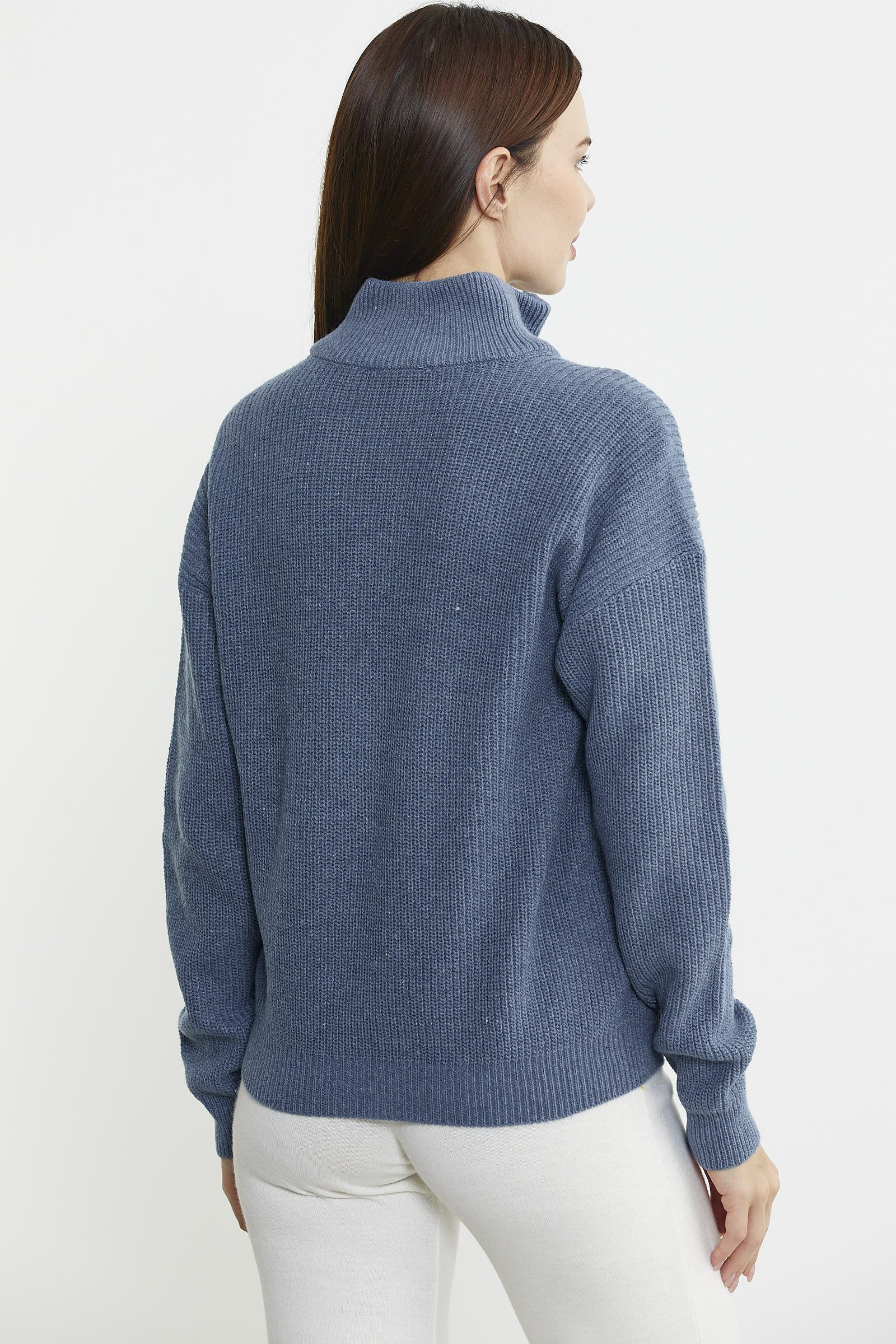 Yarım Balıkçı Yaka Fermuarlı Yün Triko Kazak - Koyu Mavi - Sementa