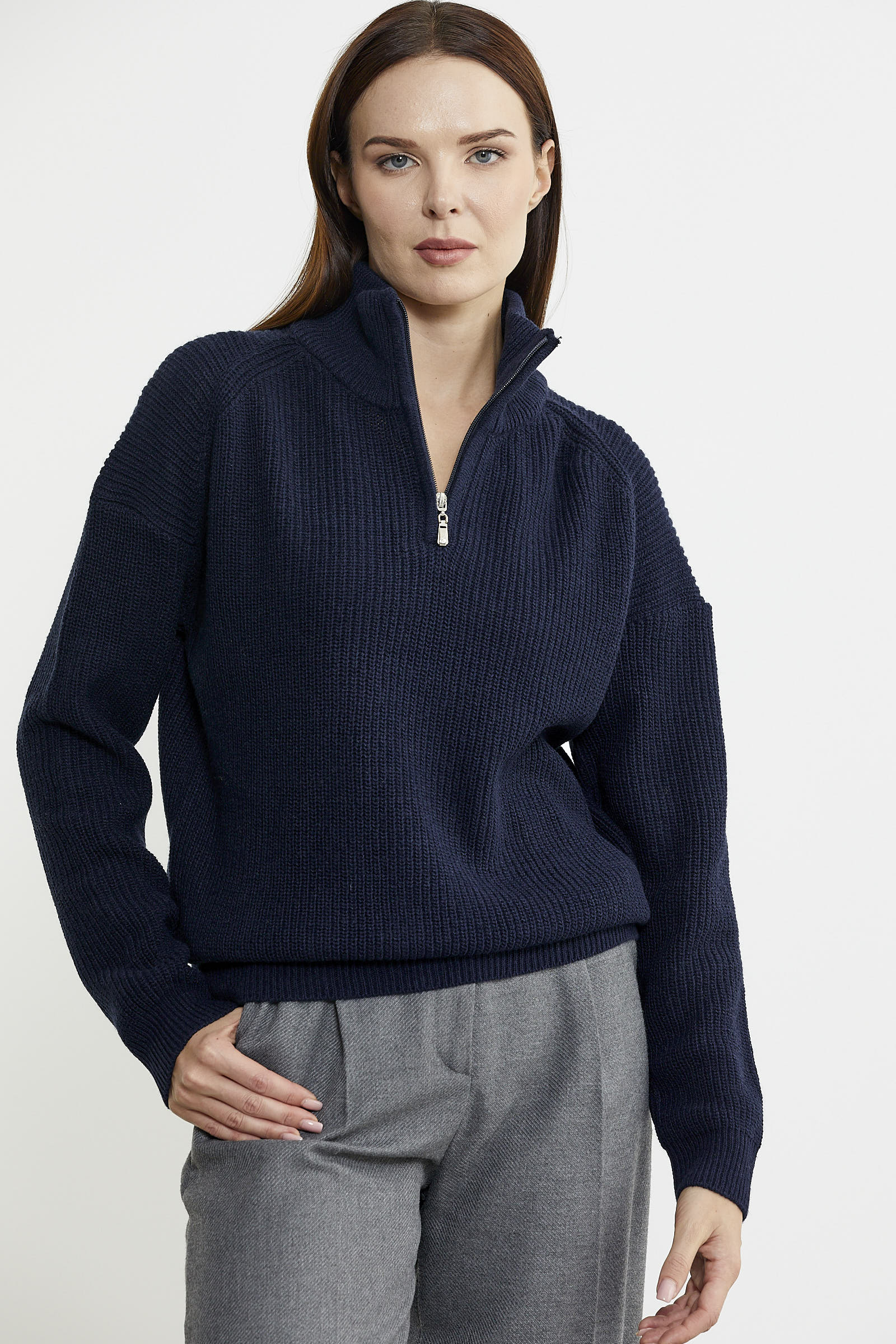 Yarım Balıkçı Yaka Fermuarlı Yün Triko Kazak - Lacivert - Sementa