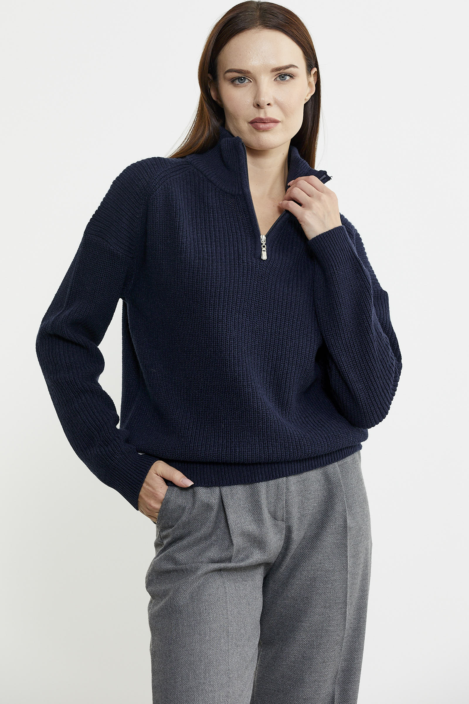 Yarım Balıkçı Yaka Fermuarlı Yün Triko Kazak - Lacivert - Sementa