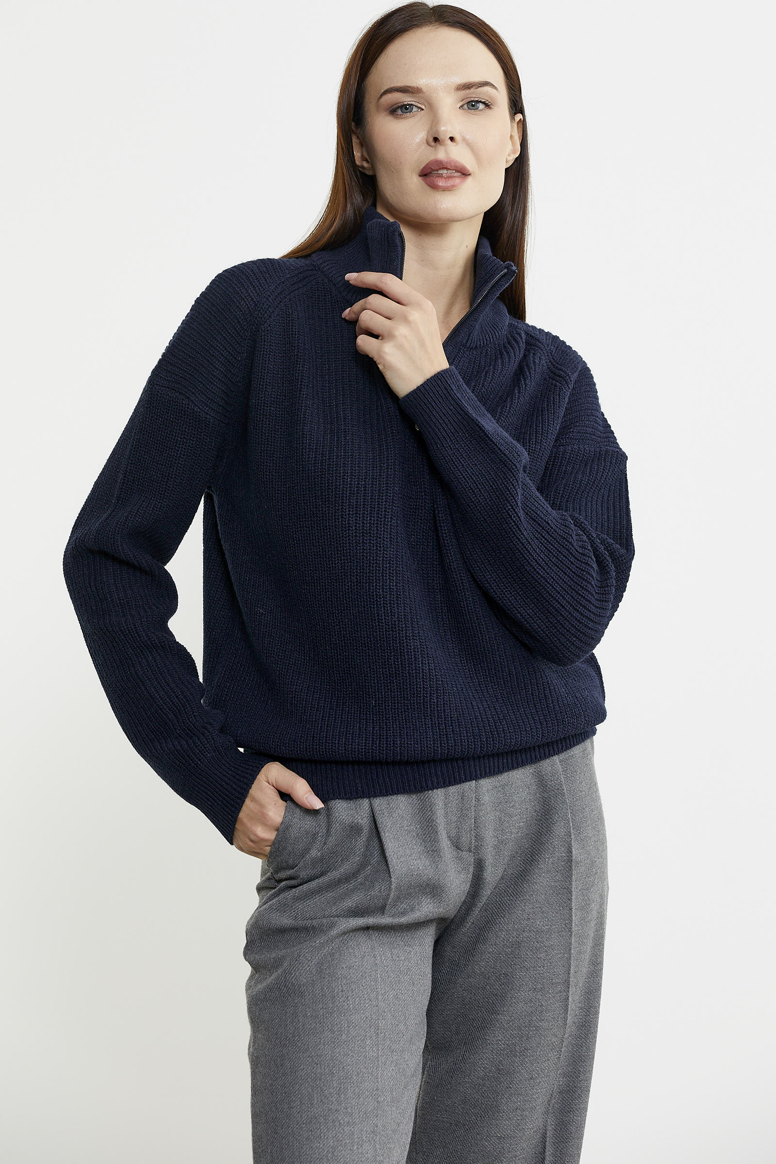 Yarım Balıkçı Yaka Fermuarlı Yün Triko Kazak - Lacivert - Sementa