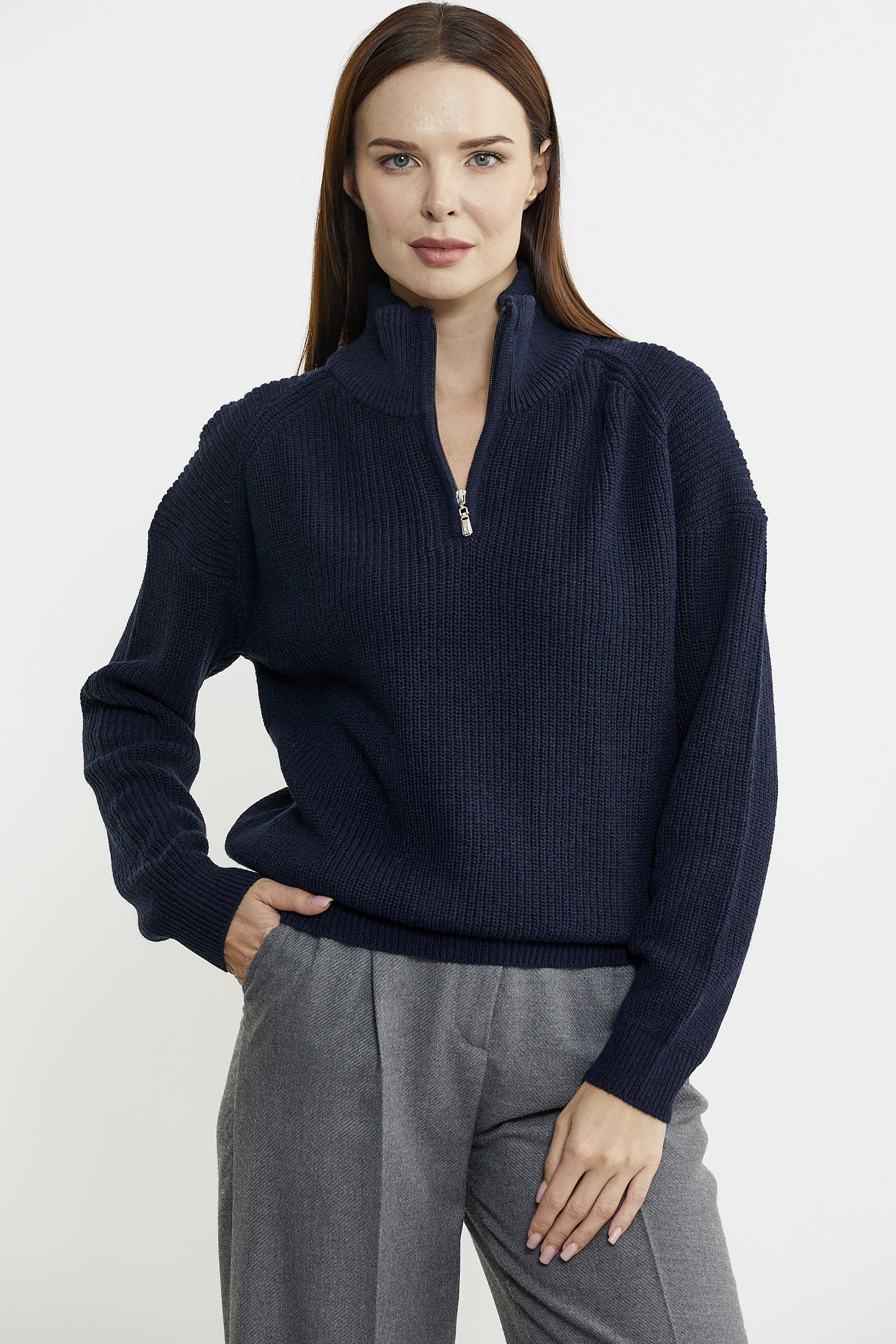 Yarım Balıkçı Yaka Fermuarlı Yün Triko Kazak - Lacivert - Sementa