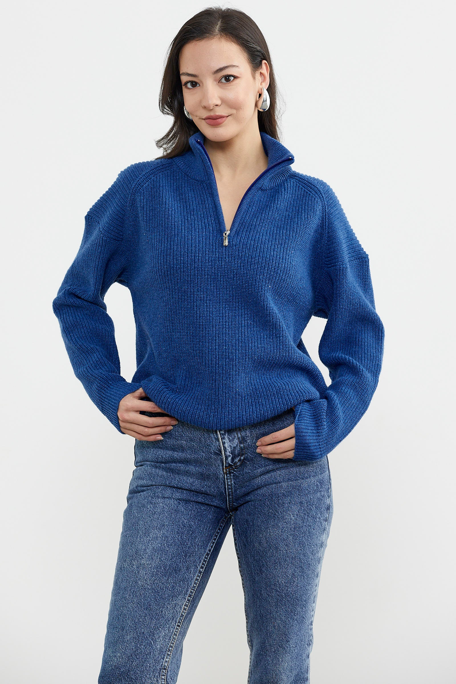 Yarım Balıkçı Yaka Fermuarlı Triko Kazak - Saks (1) Sementa