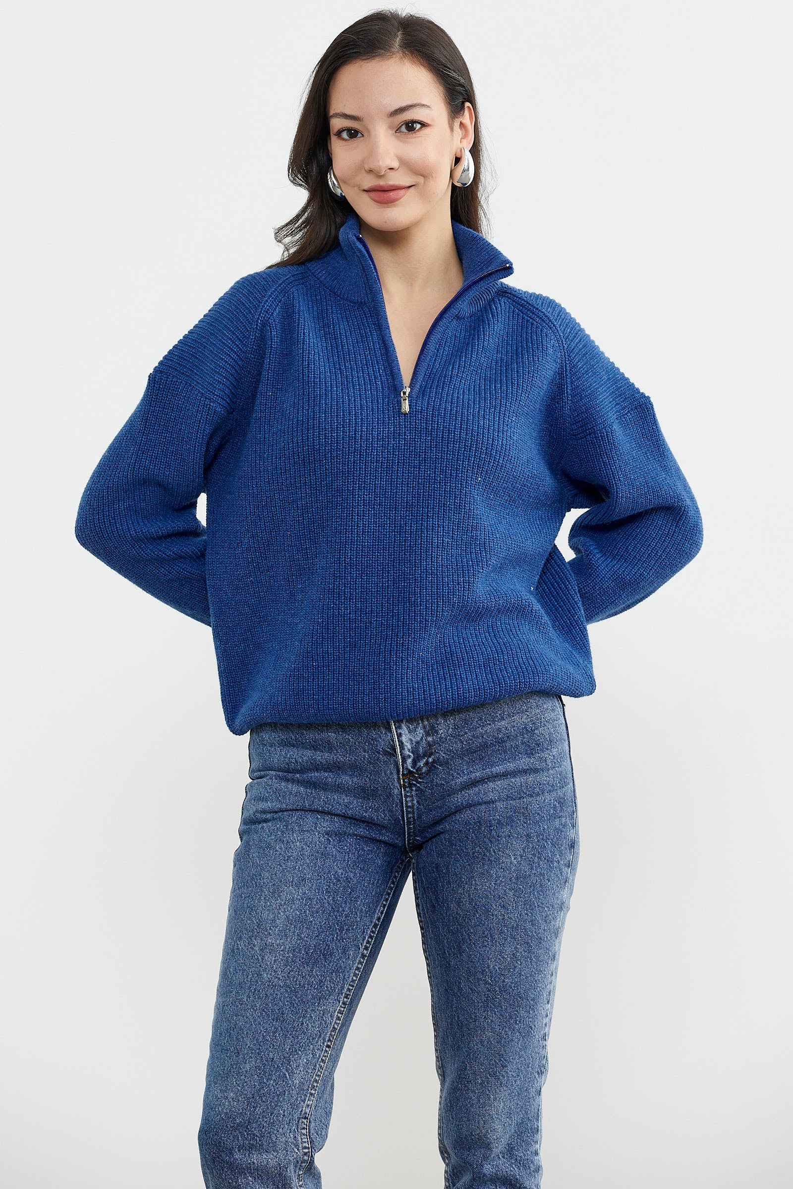 Yarım Balıkçı Yaka Fermuarlı Triko Kazak - Saks (2) Sementa