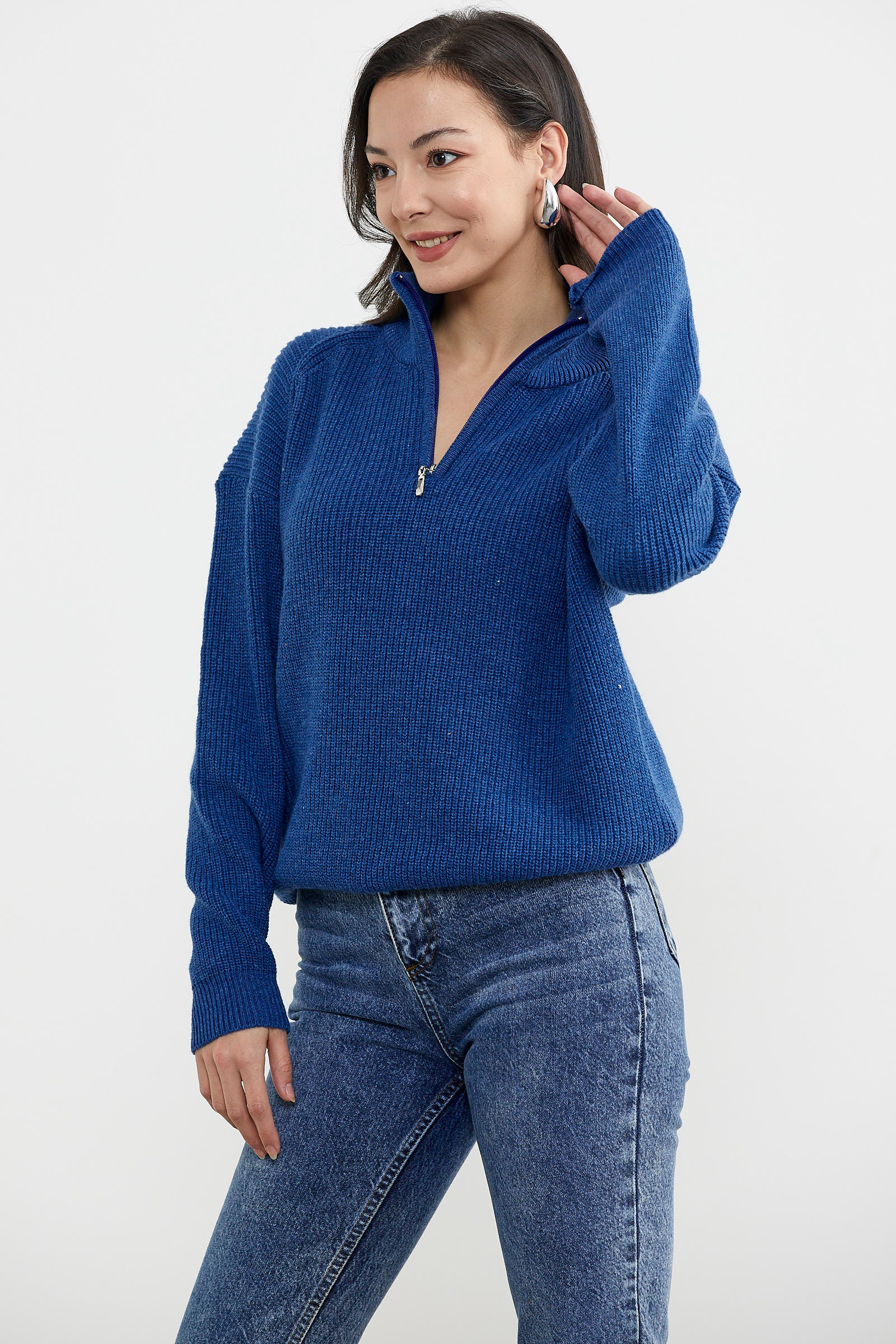 Yarım Balıkçı Yaka Fermuarlı Triko Kazak - Saks (3) Sementa