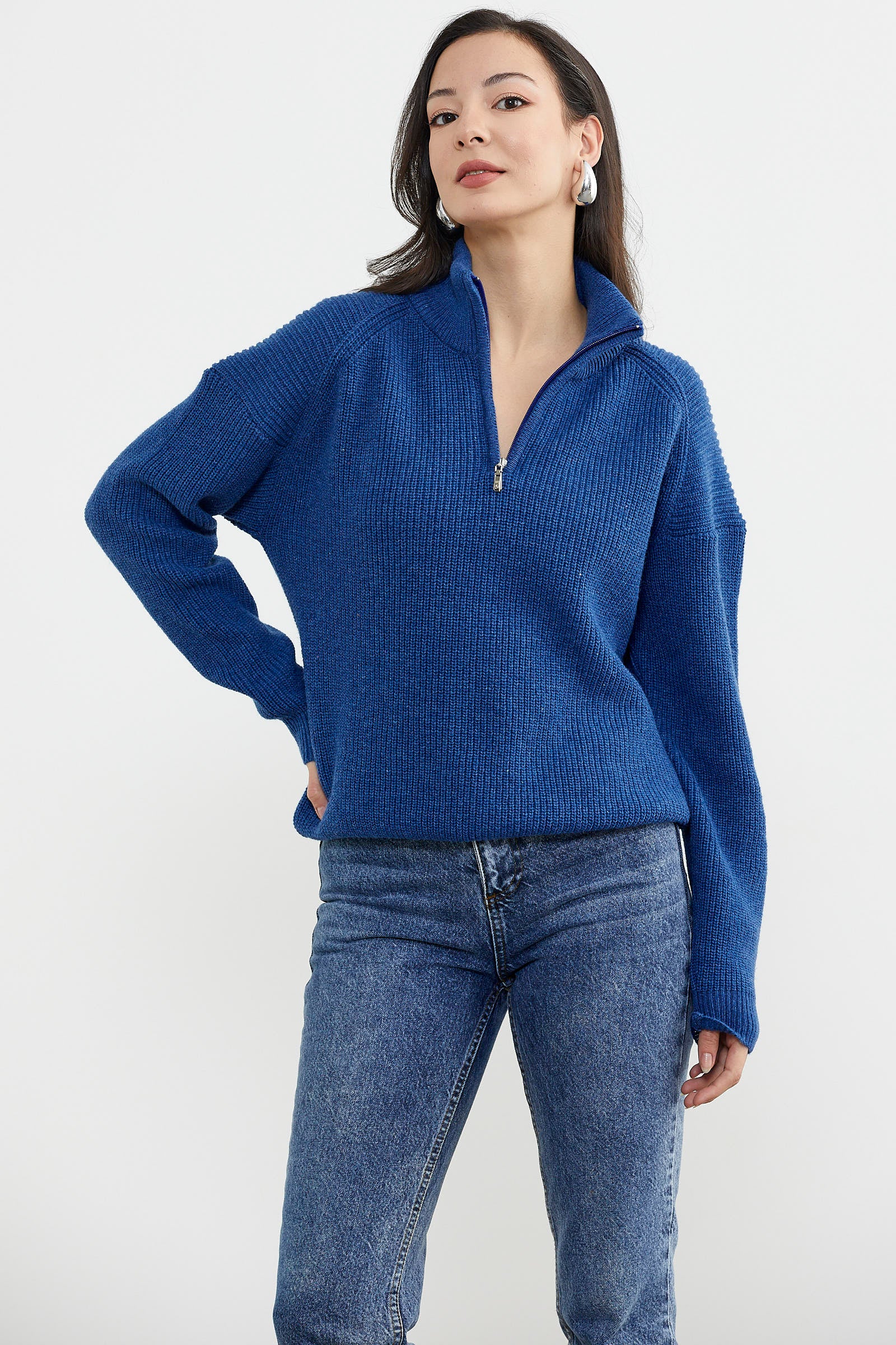 Yarım Balıkçı Yaka Fermuarlı Triko Kazak - Saks (4) Sementa