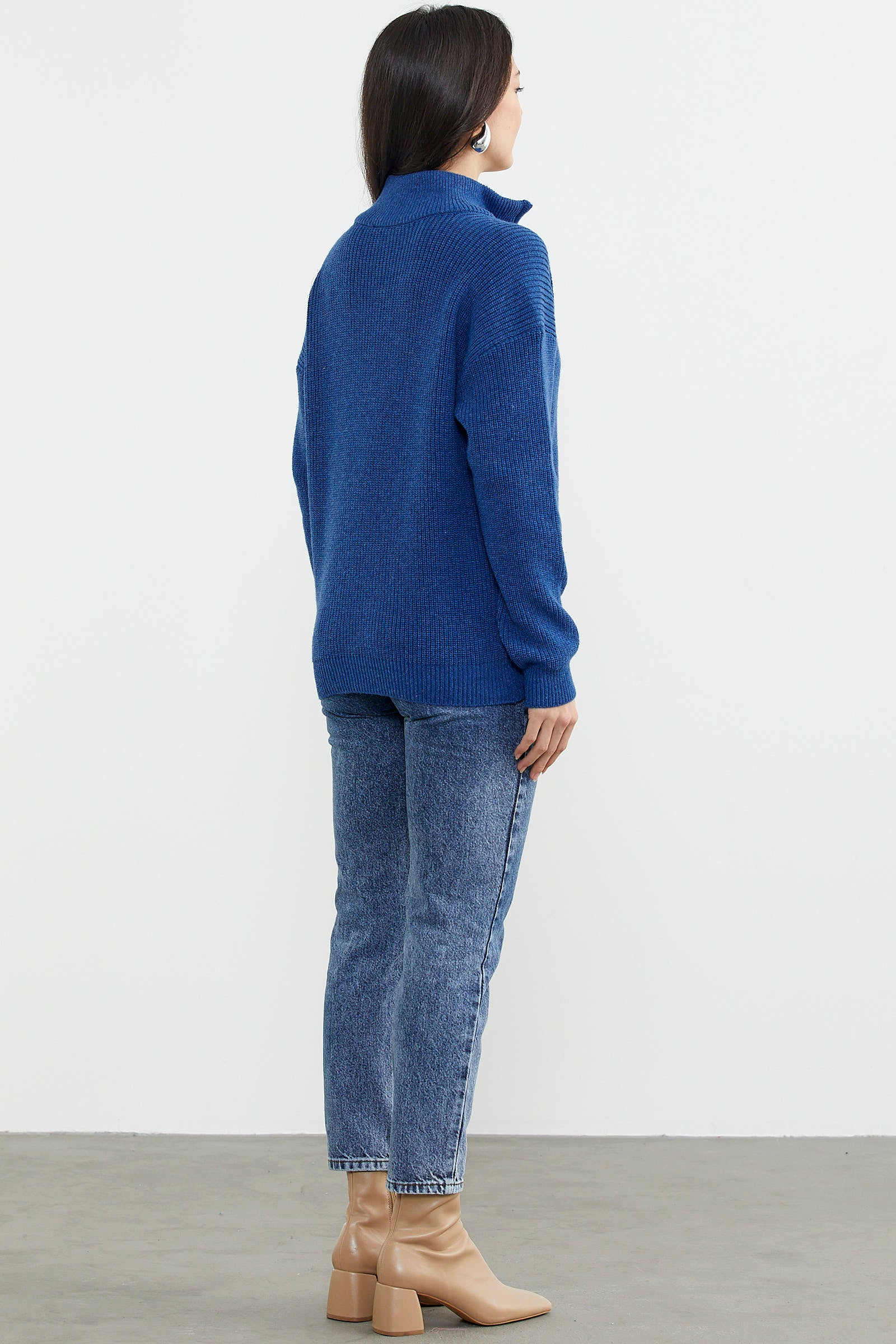 Yarım Balıkçı Yaka Fermuarlı Triko Kazak - Saks (5) Sementa