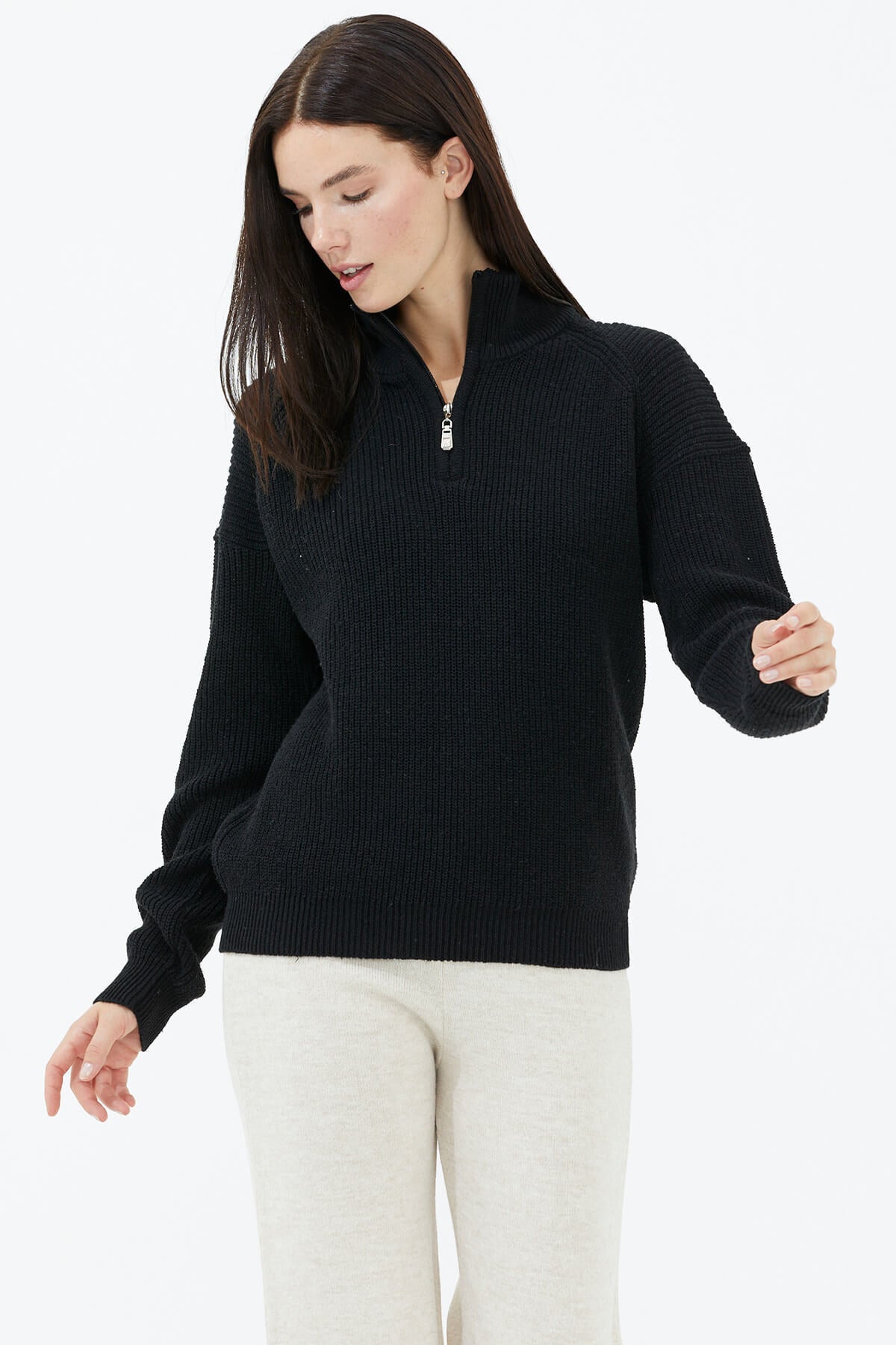 Yarım Balıkçı Yaka Fermuarlı Triko Kazak - Siyah (3) Sementa