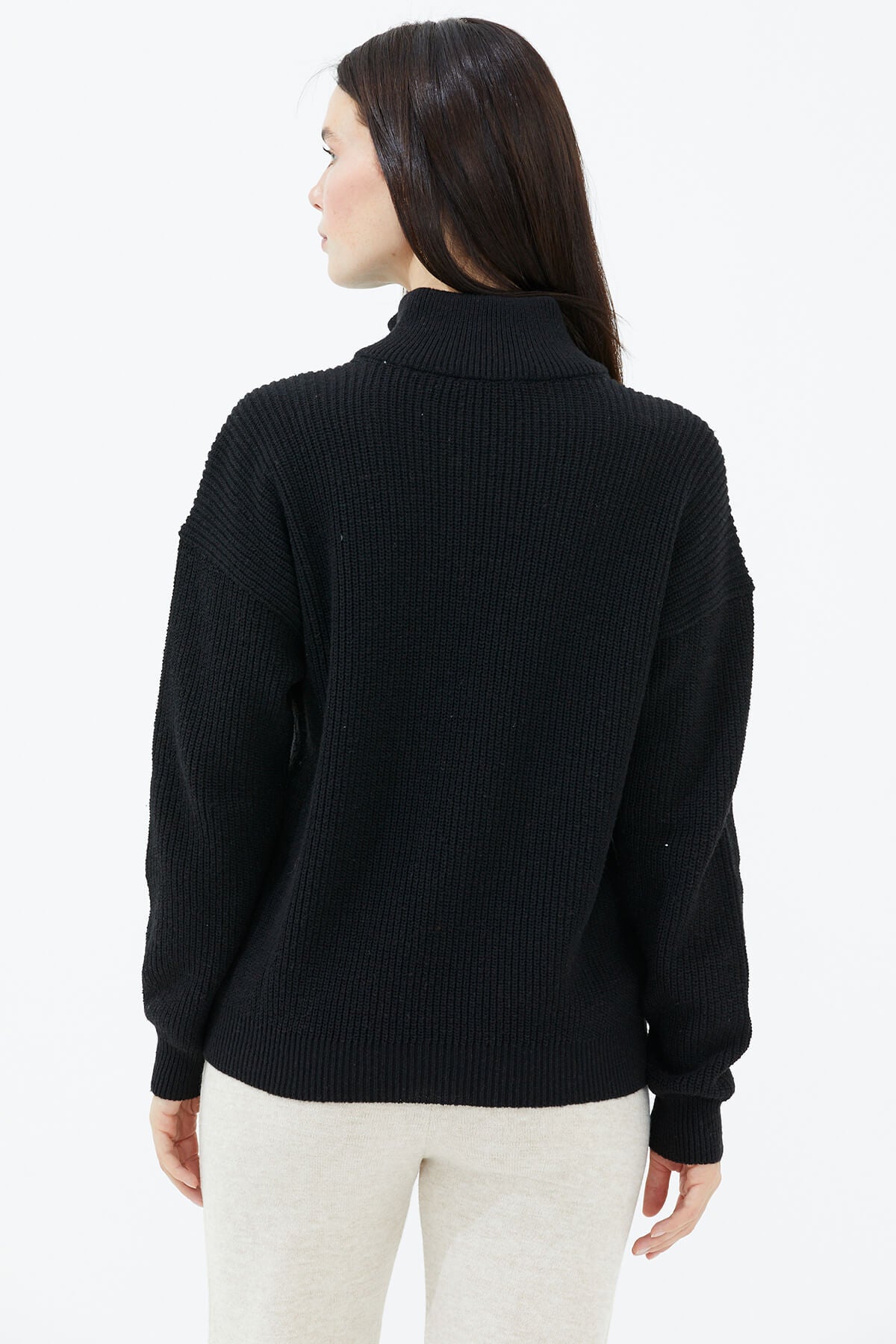 Yarım Balıkçı Yaka Fermuarlı Triko Kazak - Siyah (4) Sementa